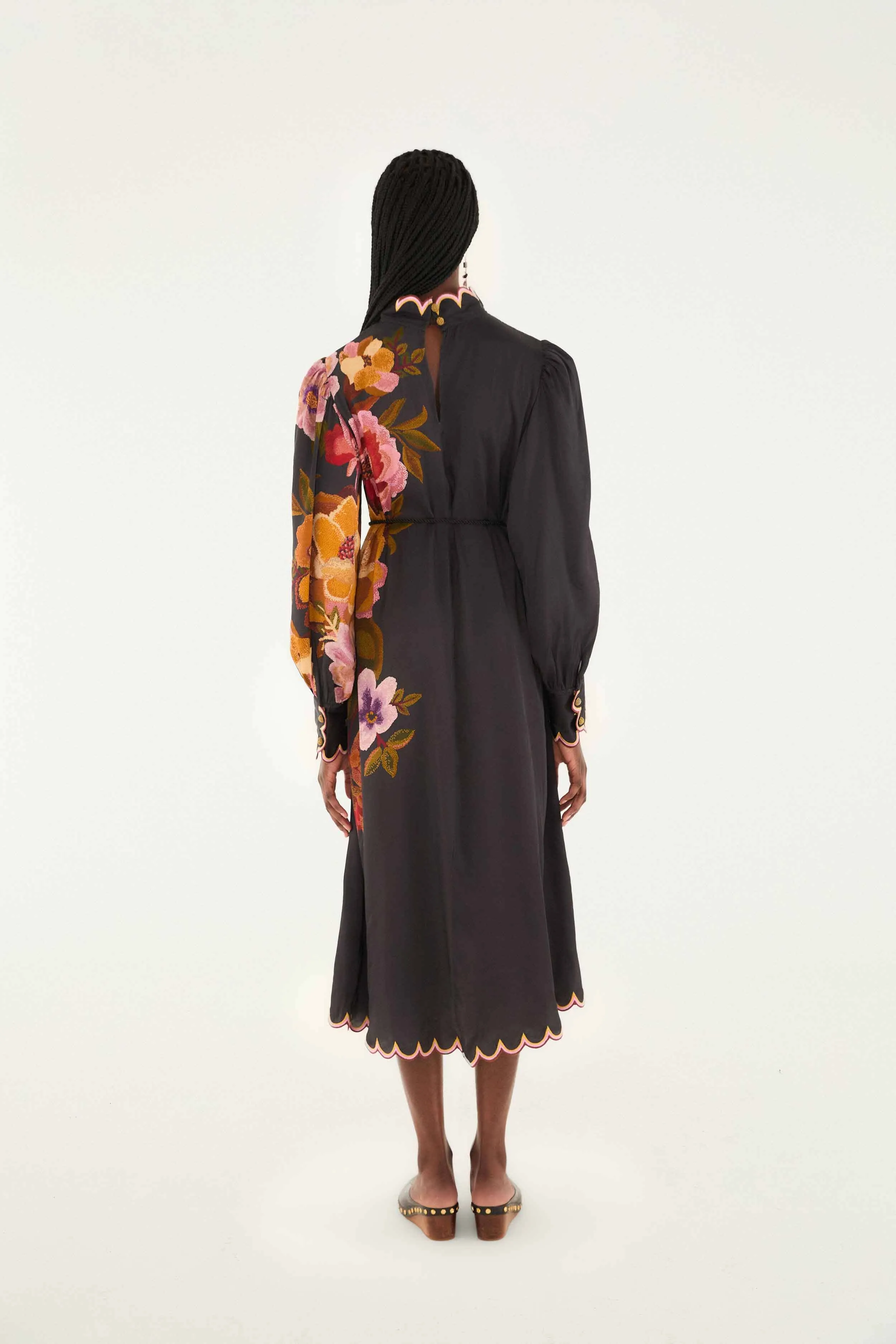 European Charm Tulle Light Black Chenille Flowers Lenzing? Ecovero? Viscose Midi Dress