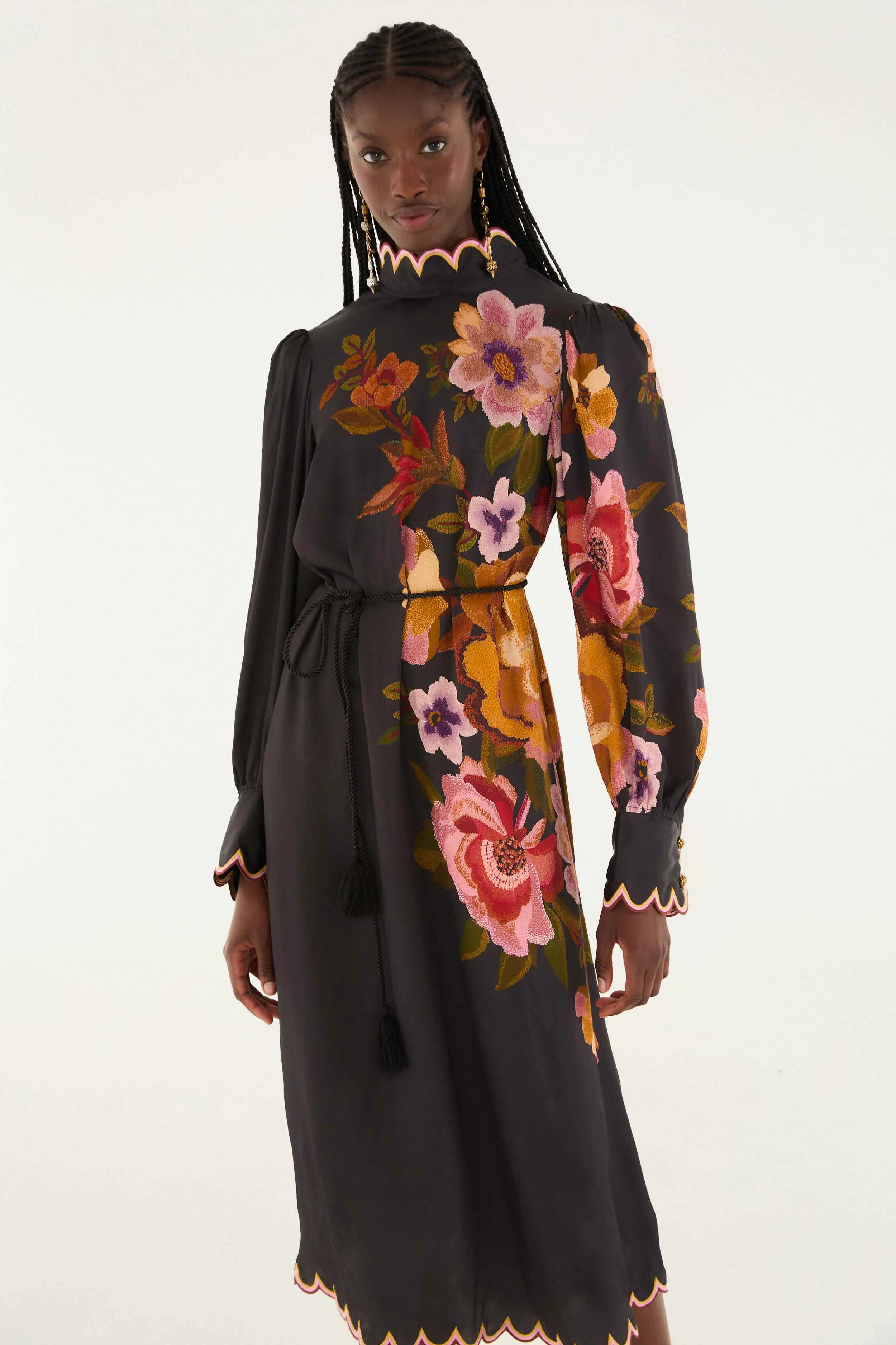 Fashionable Piece Black Chenille Flowers Lenzing? Ecovero? Viscose Midi Dress