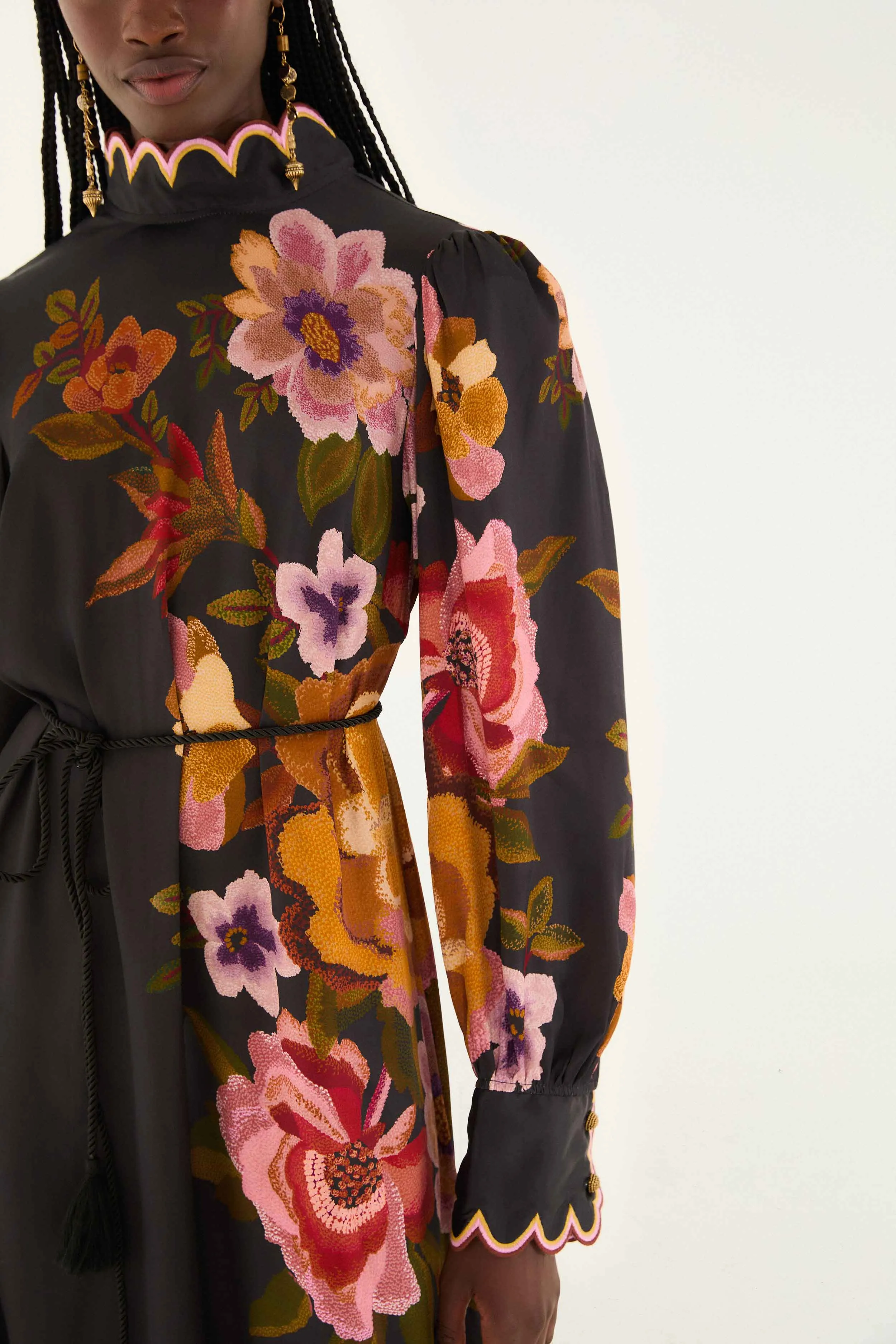 Black Chenille Flowers Lenzing? Ecovero? Viscose Midi Dress Relaxed fit knee-length piece Timeless elegance