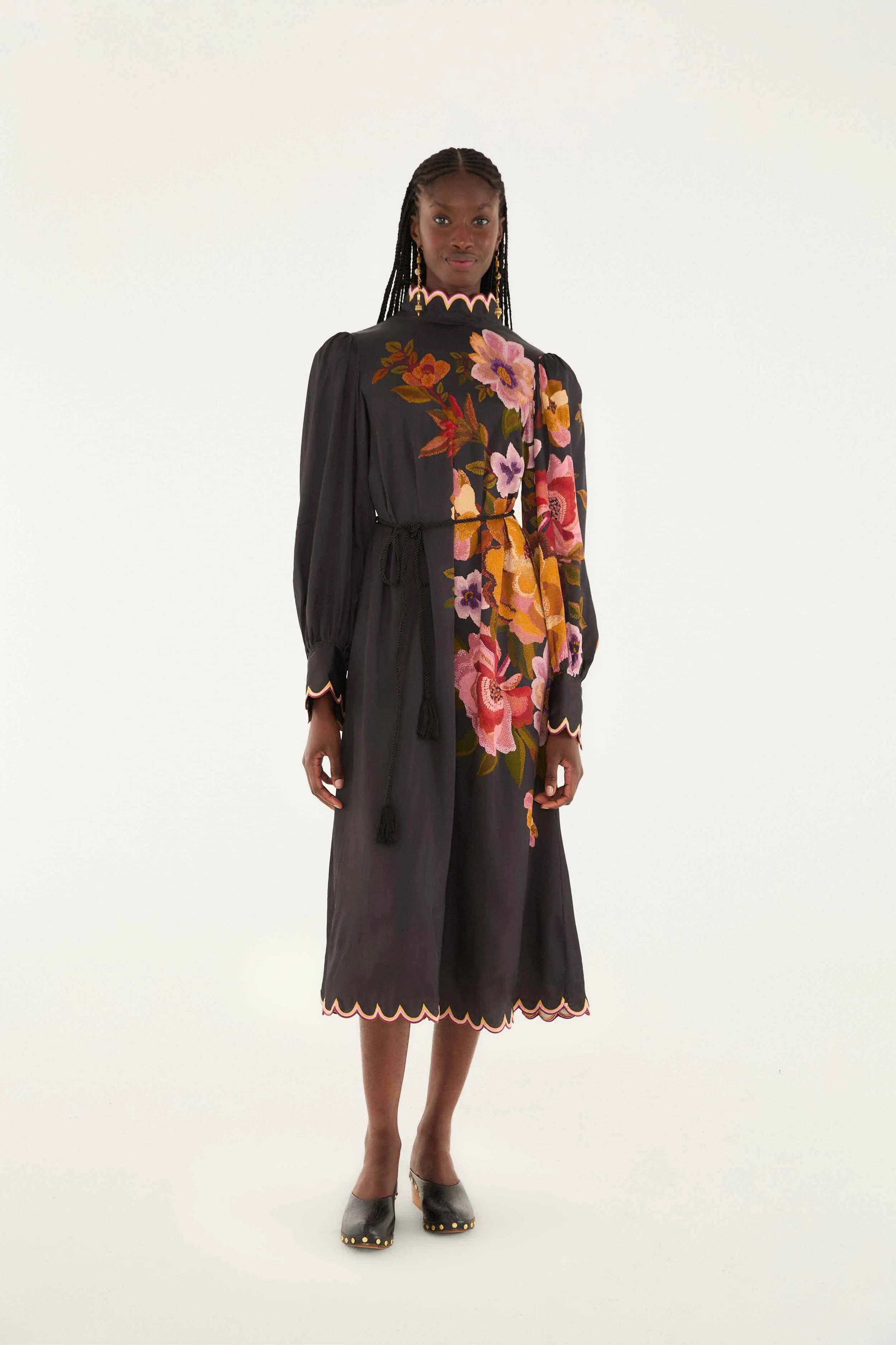 Stone Path Black Chenille Flowers Lenzing? Ecovero? Viscose Midi Dress