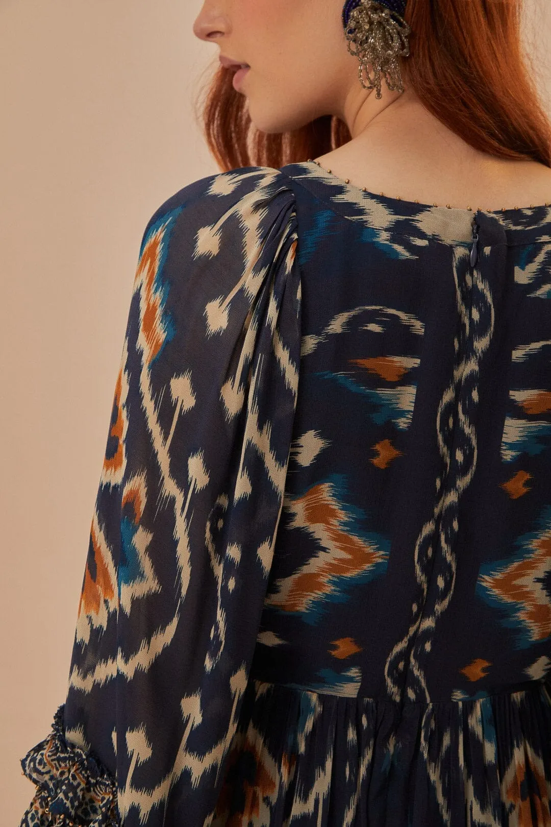 Pineaple Ikat Blue Maxi Dress Burgundy Deep Bridge Walk