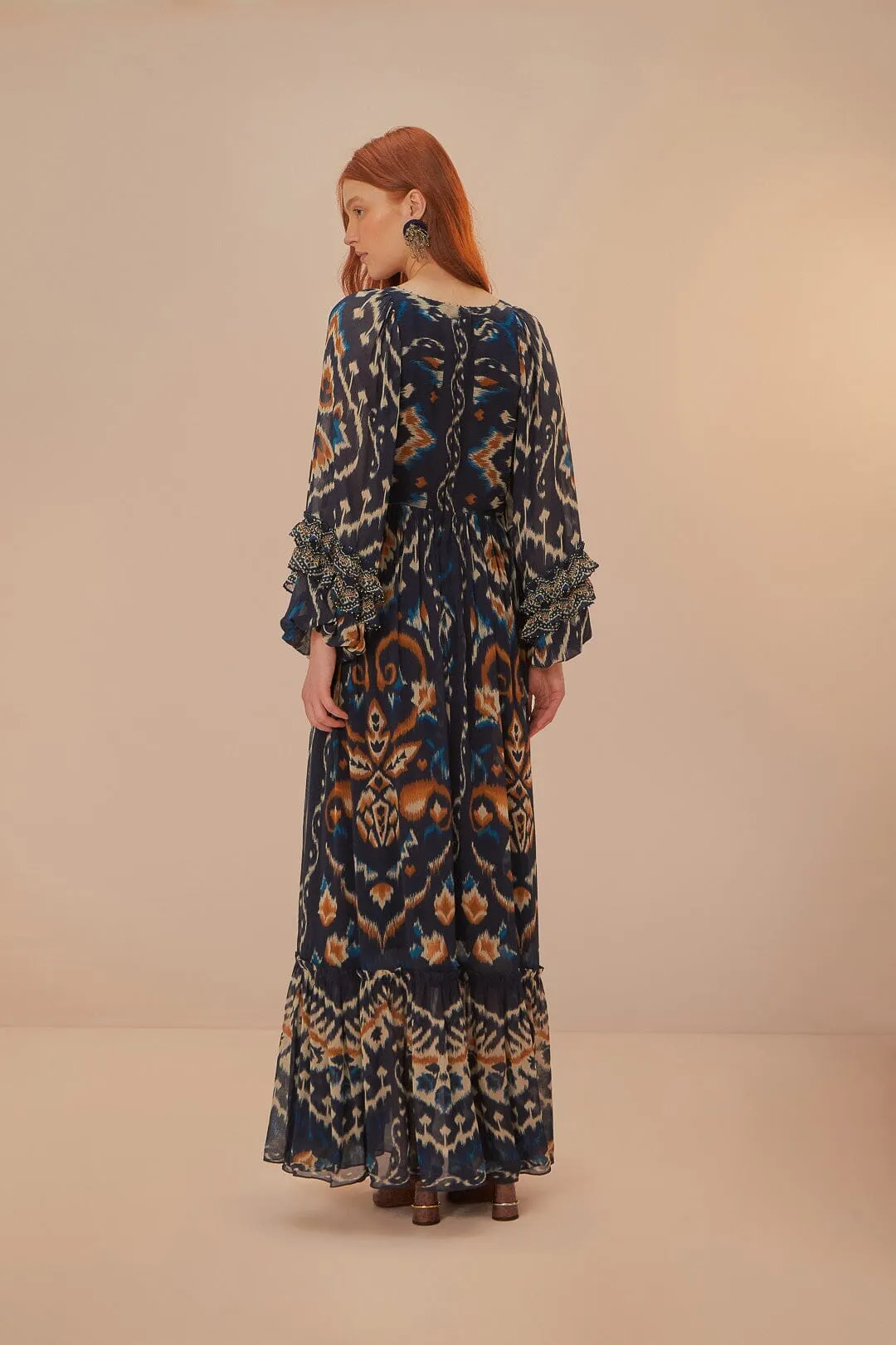 Leaf Glow Morning Mist Pineaple Ikat Blue Maxi Dress