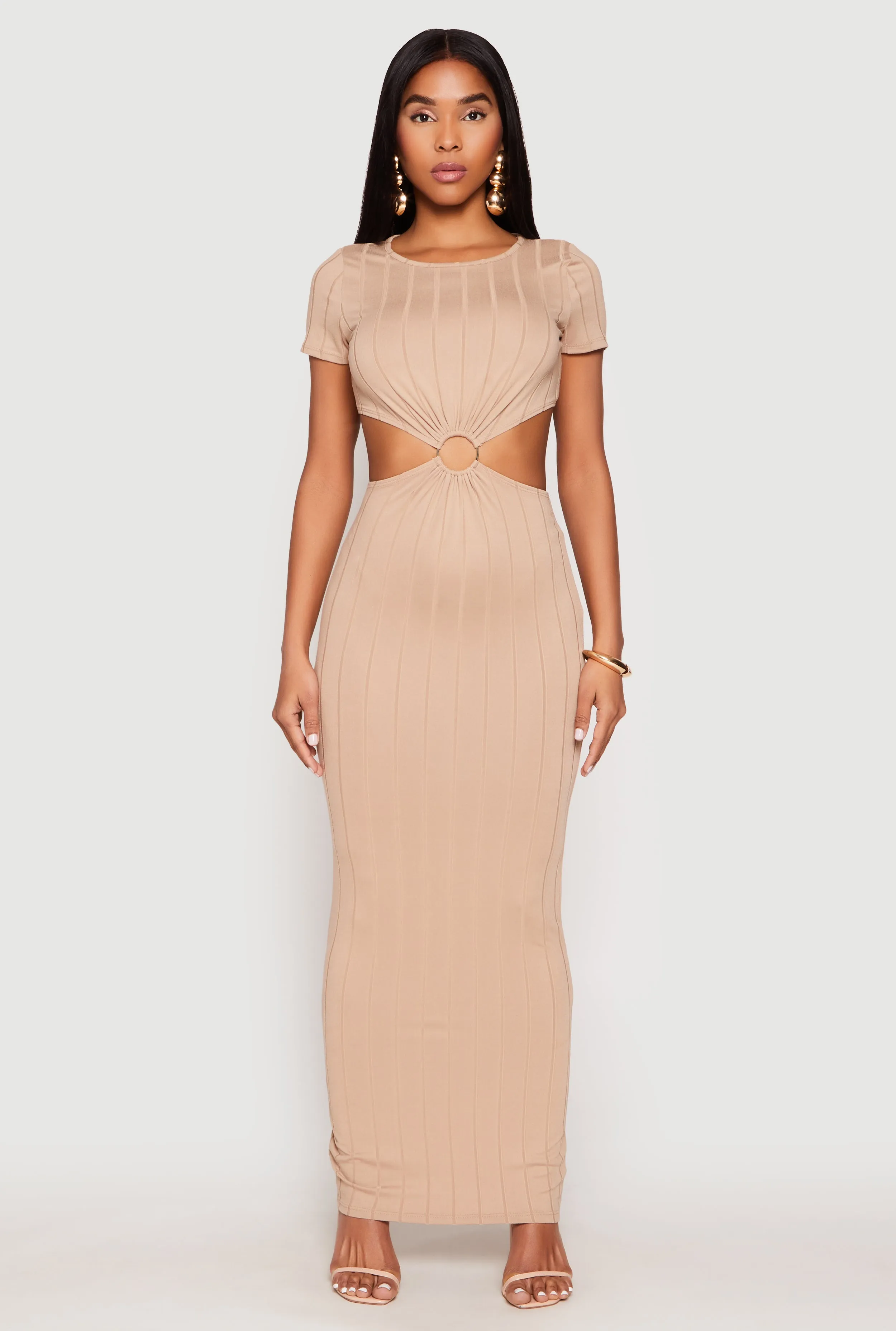 Ribbed Knit O Ring Cut Out Maxi Dress Fall Path Tile Glow