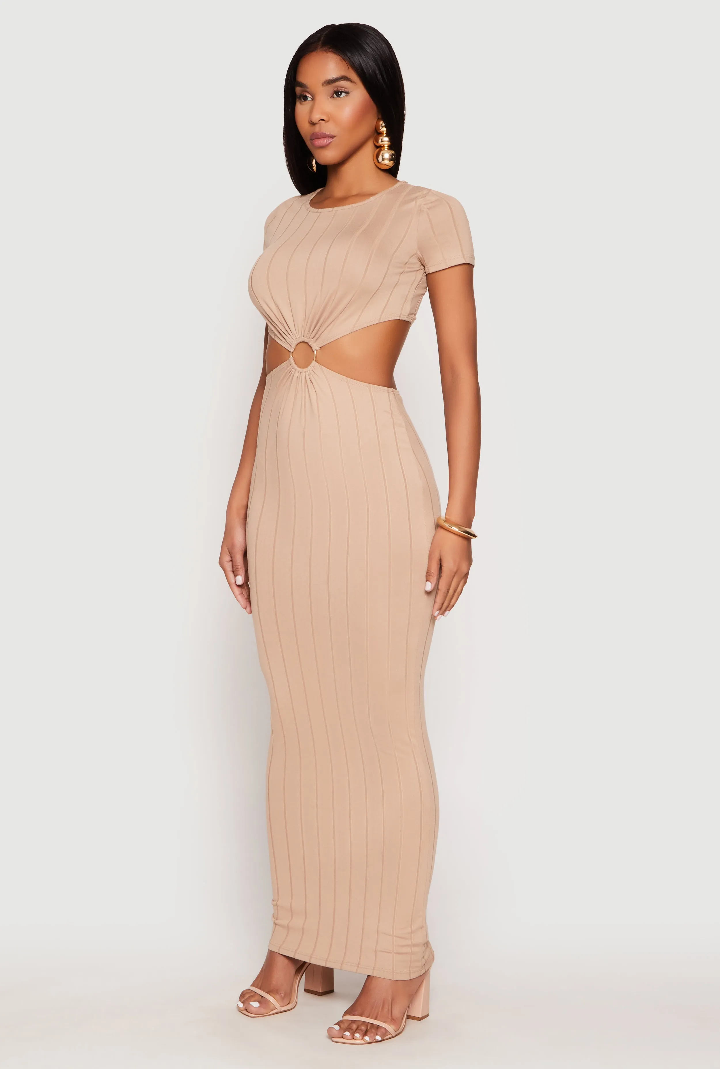 This dress creates a flattering silhouette while remaining breathable and comfortable Ribbed Knit O Ring Cut Out Maxi Dress