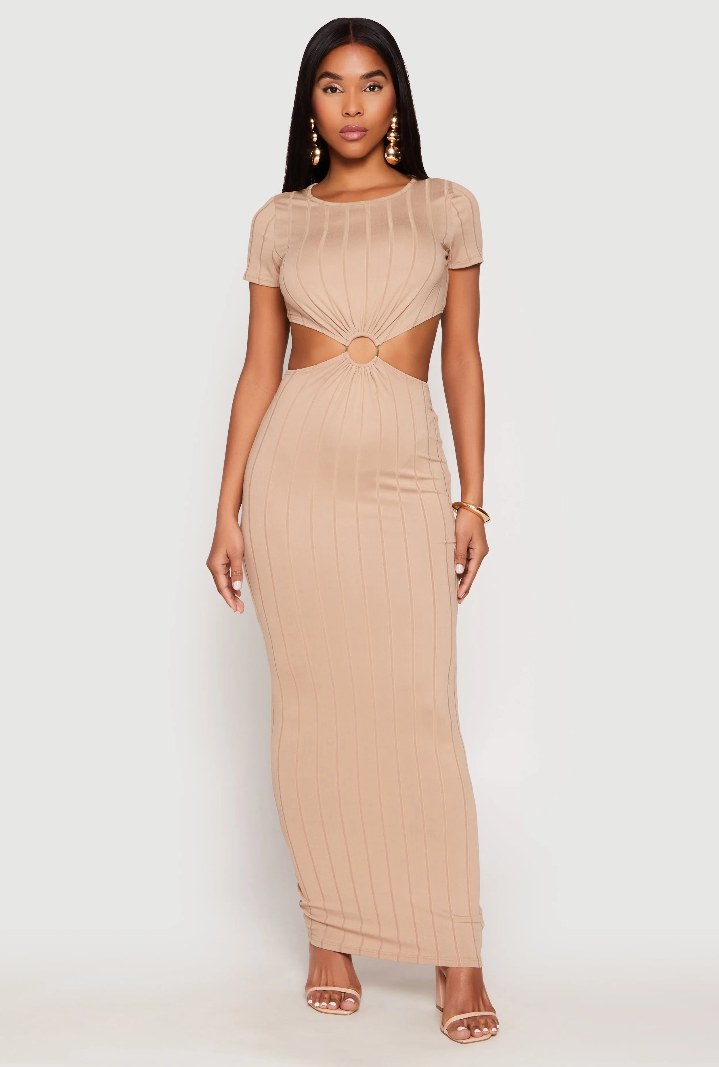All Season Easy Step Ribbed Knit O Ring Cut Out Maxi Dress
