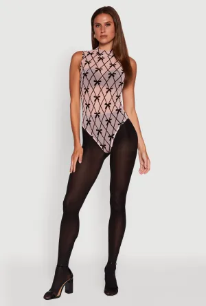 Sleeveless Mock Neck Velvet Burnout Patterned Mesh Bodysuit Casual Elegant Stylish Vivid