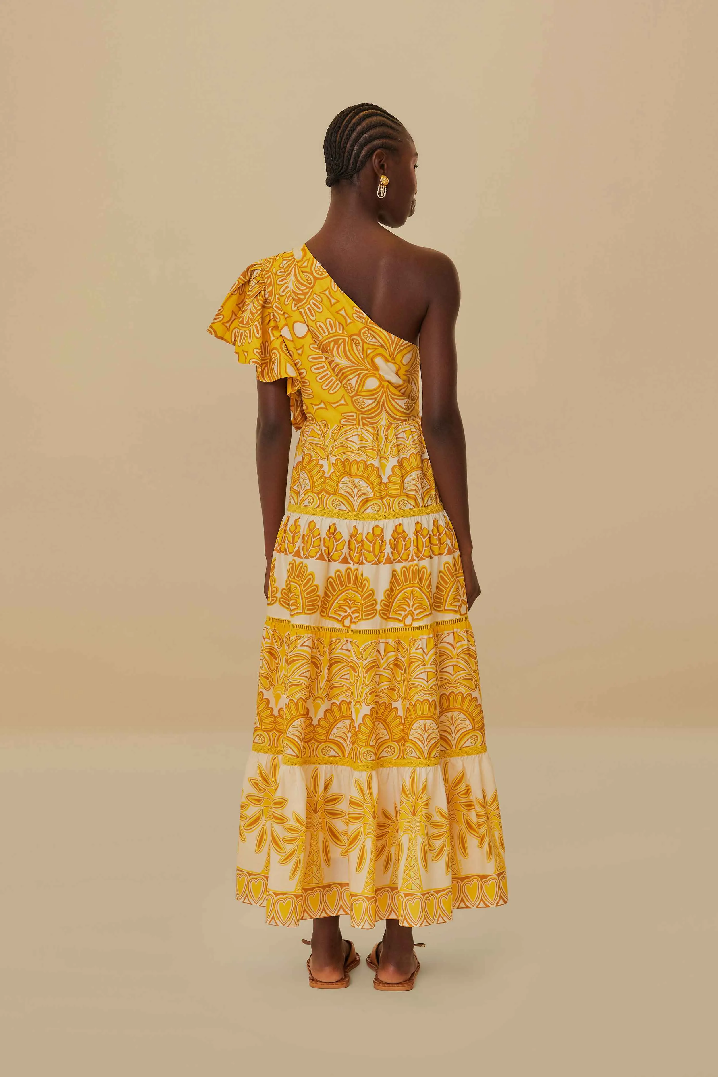 Canal Side Heat Air Yellow Ainika Tapestry One Shoulder Maxi Dress