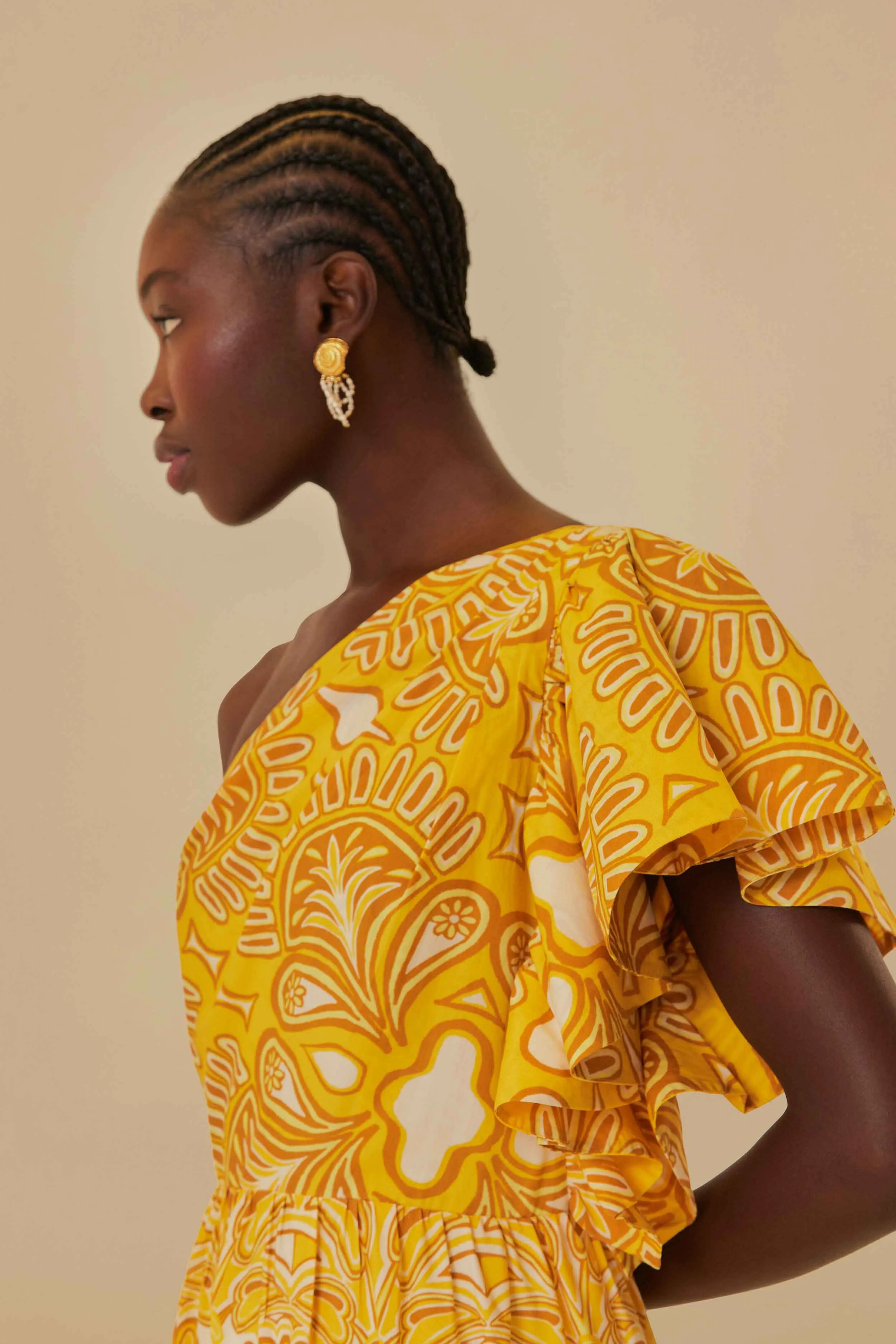 Yellow Ainika Tapestry One Shoulder Maxi Dress Emerald Shine Earth Brown