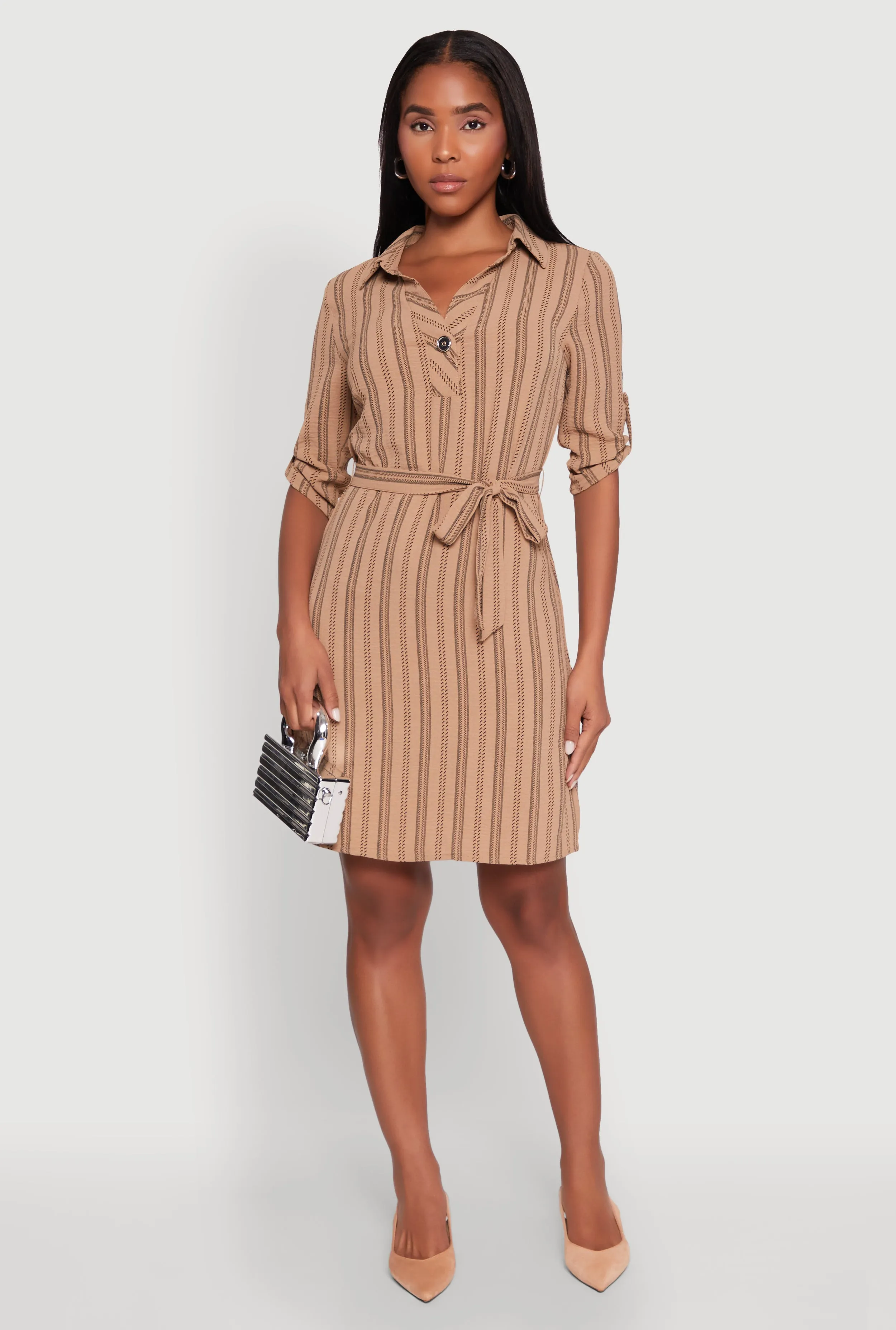 Airy Striped Tie Waist Mini Shirt Dress Glow Sharp
