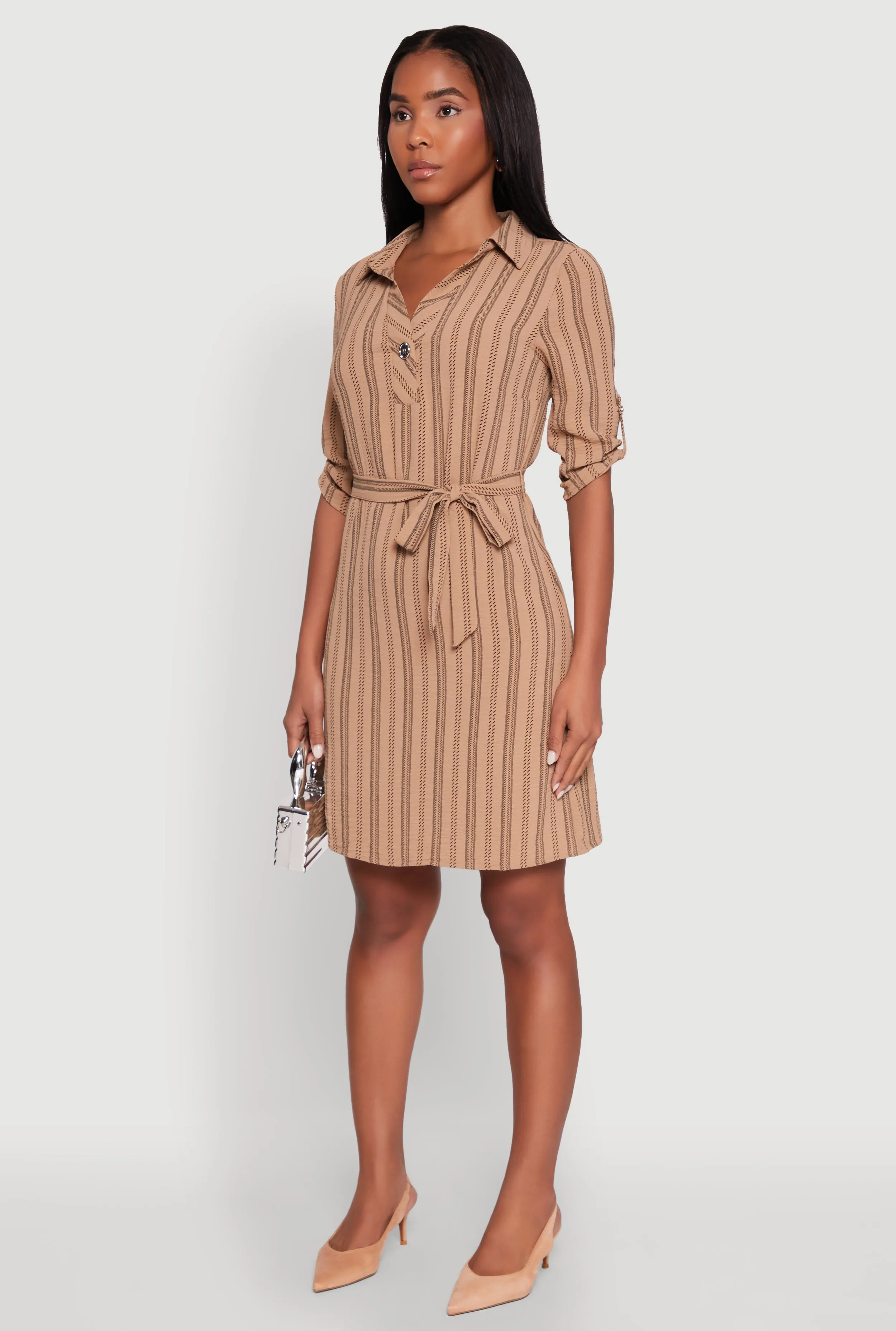 Playful Style City Scene Airy Striped Tie Waist Mini Shirt Dress