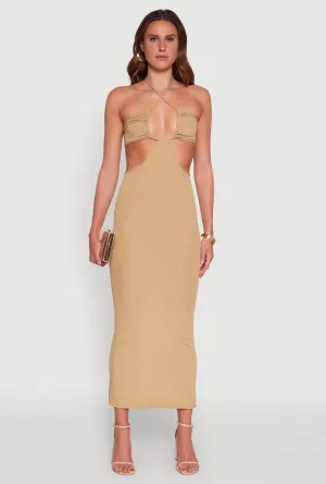 The simple yet chic design of this maxi dress ensures it can be dressed up or down Evening Gold Stylish Ribbed Knit Keyhole Halter Sundress