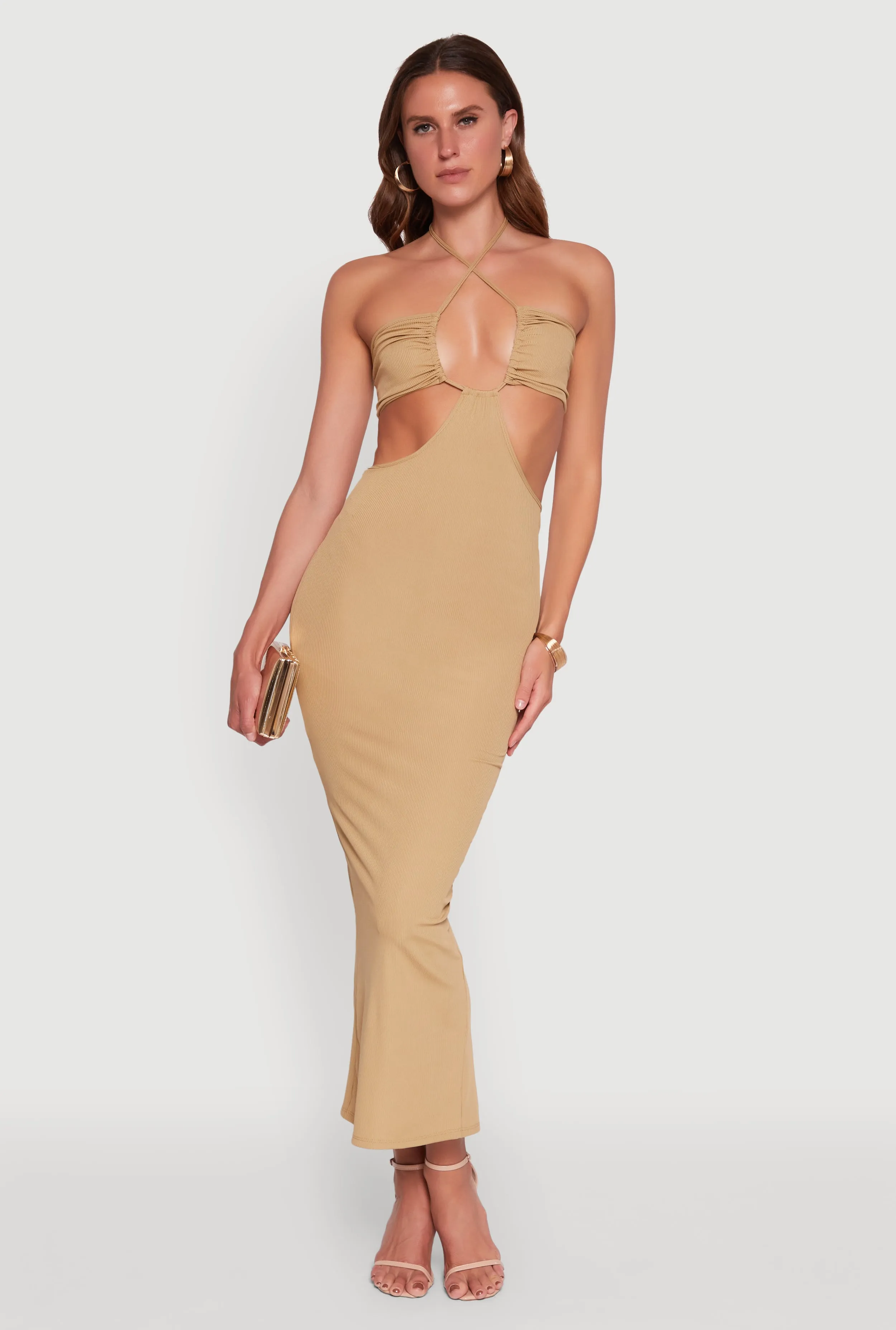 Stylish Ribbed Knit Keyhole Halter Sundress wrap waist