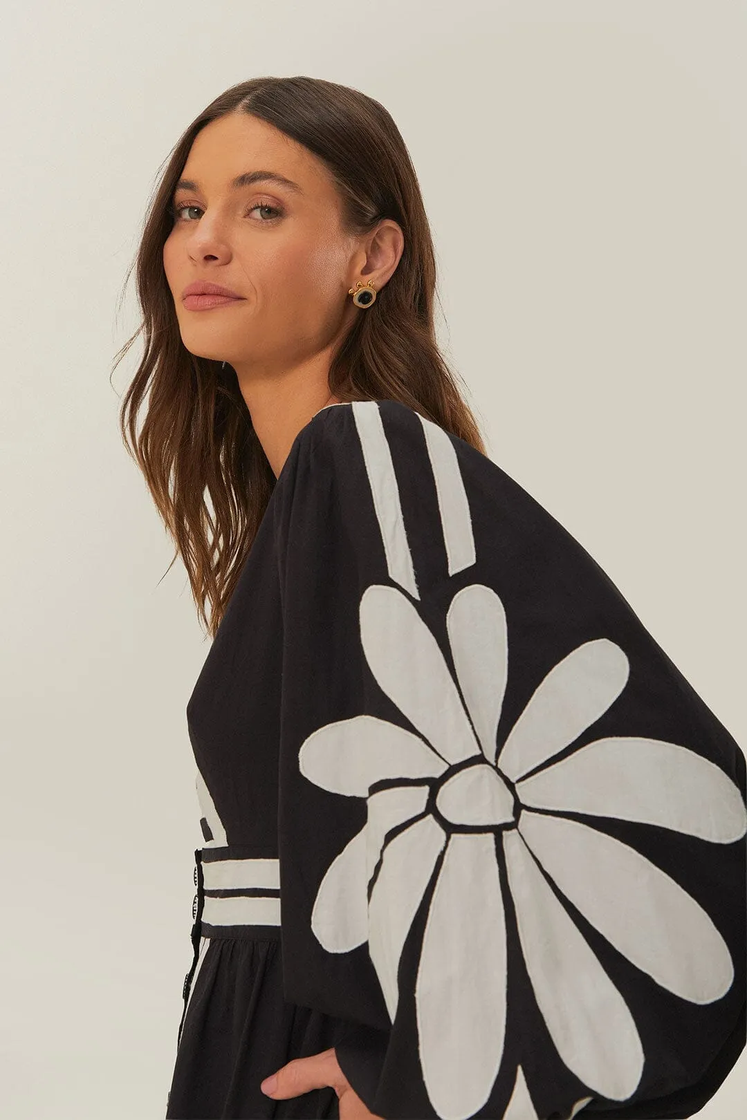 Black Nature Buttoned Maxi Dress Patch Work