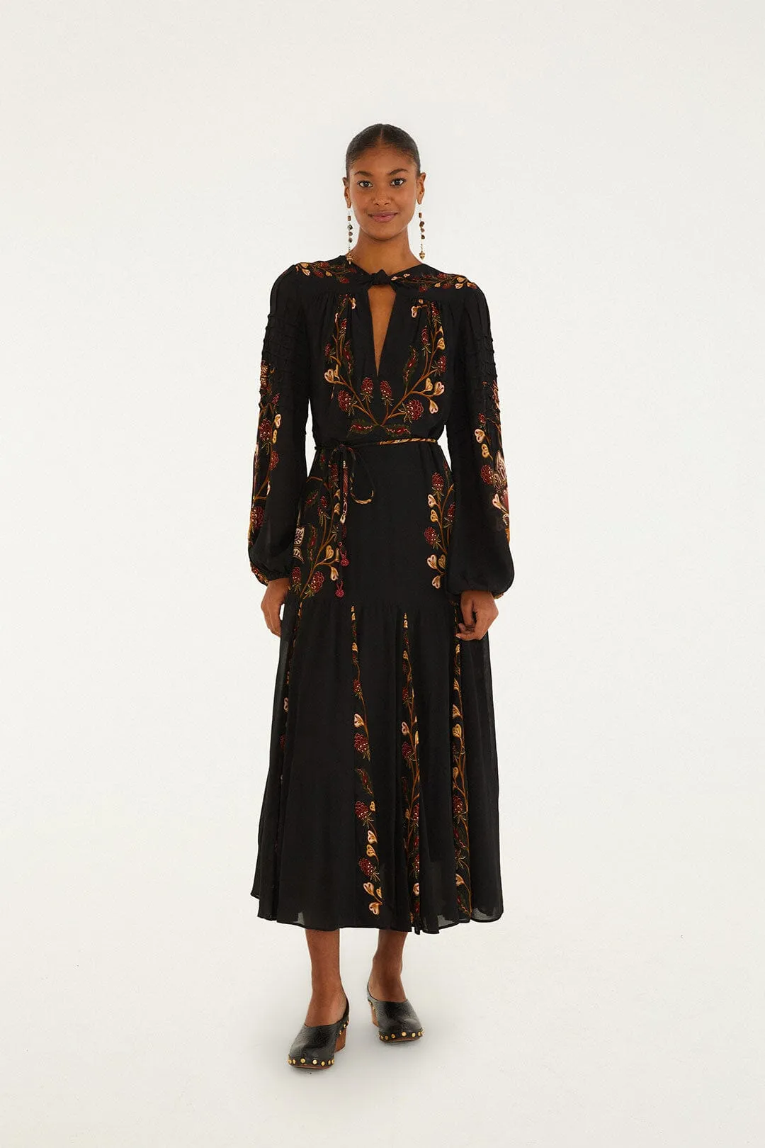Black Berry Garden Long Sleeve Pleated Maxi Dress Night Glow