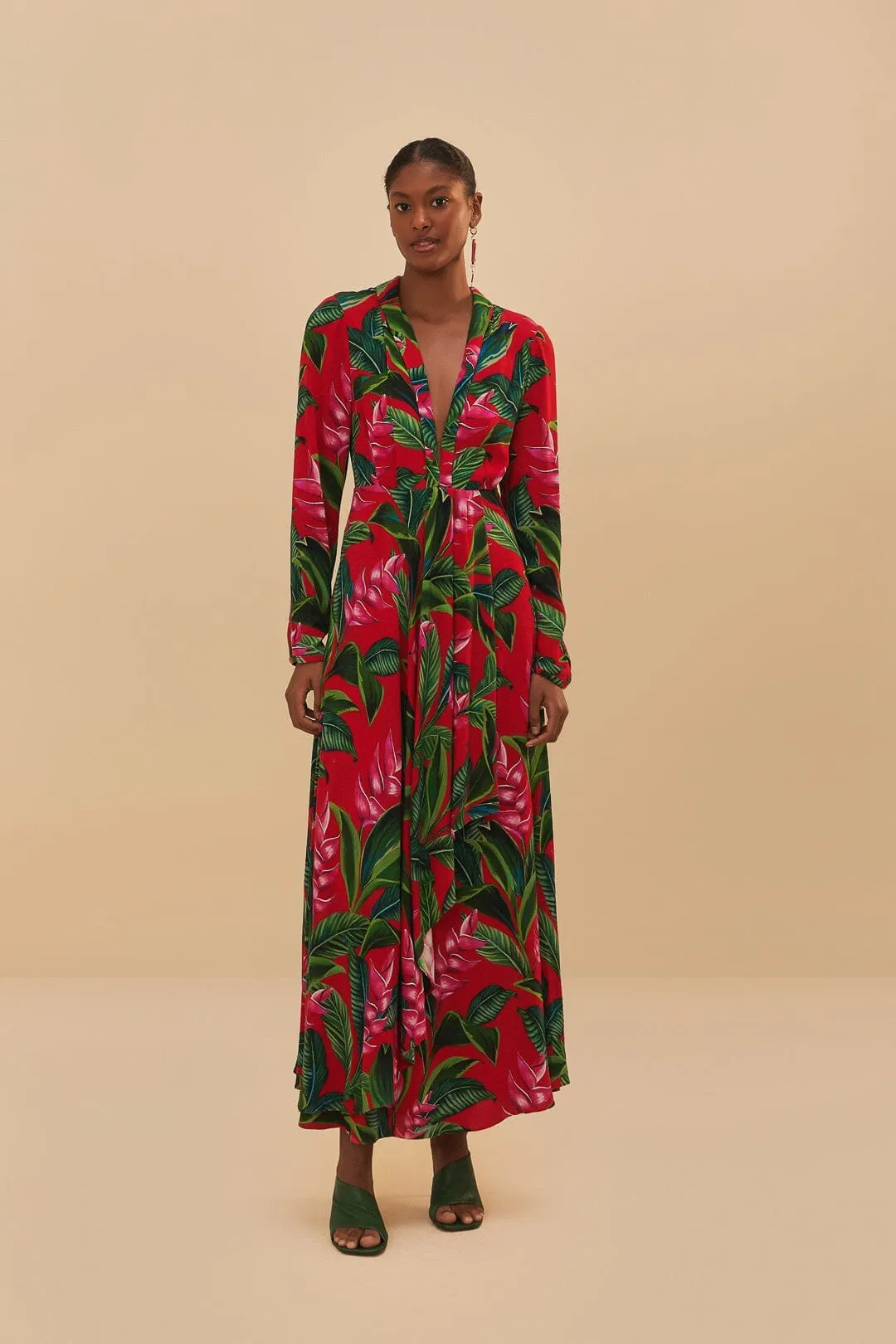 Roof View Red Dream Garden Long Sleeve Maxi Dress