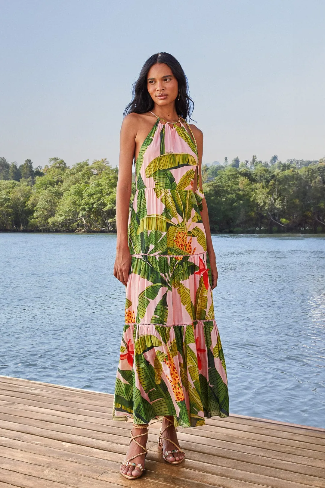 Pink Banana Leaves Sleeveless Maxi Dress Calm River Flowing chiffon dress