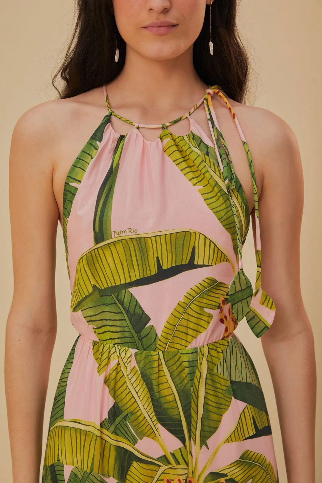 Pink Banana Leaves Sleeveless Maxi Dress Mirror Glow