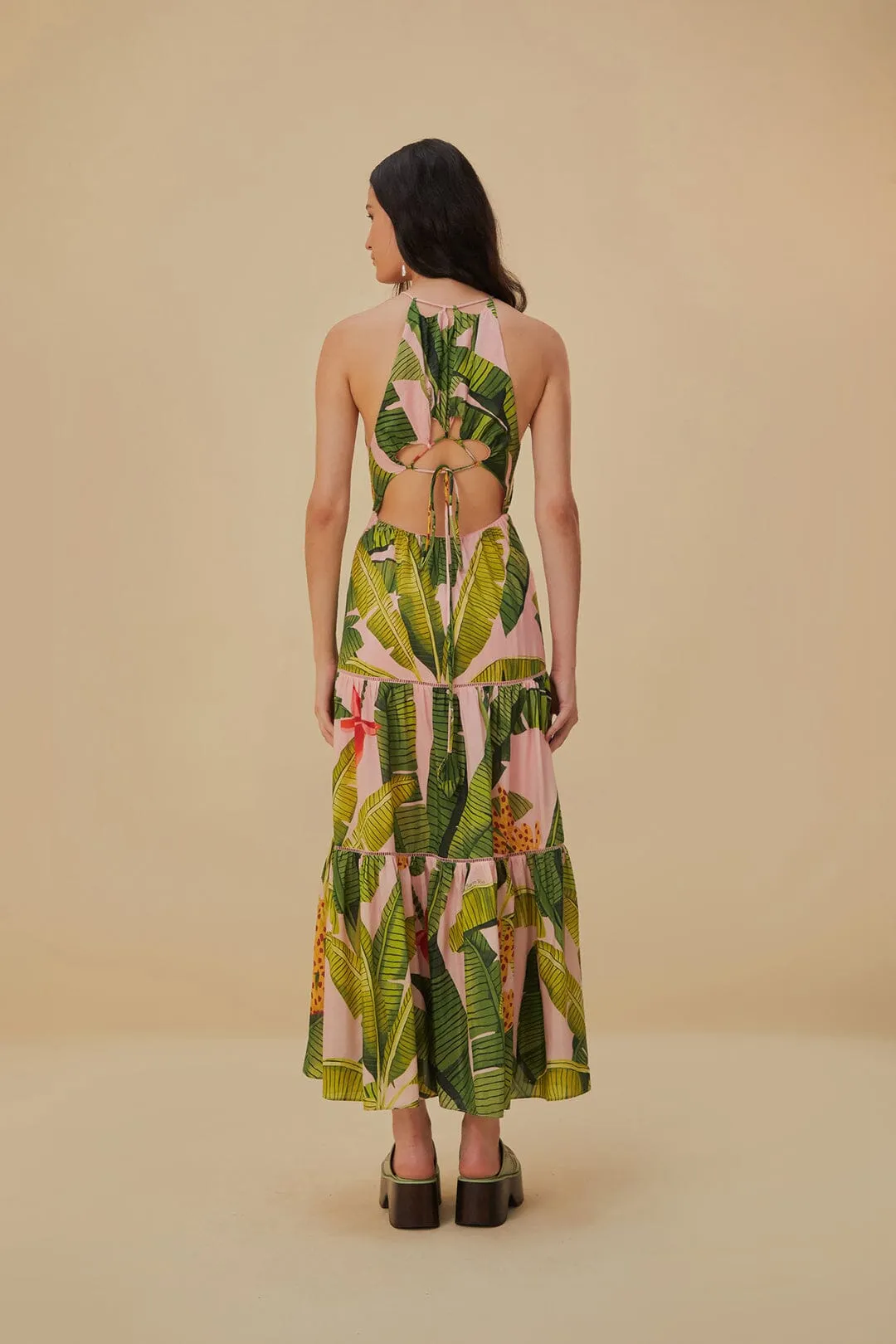 Blue Bay Relaxed fit formal wear Pink Banana Leaves Sleeveless Maxi Dress