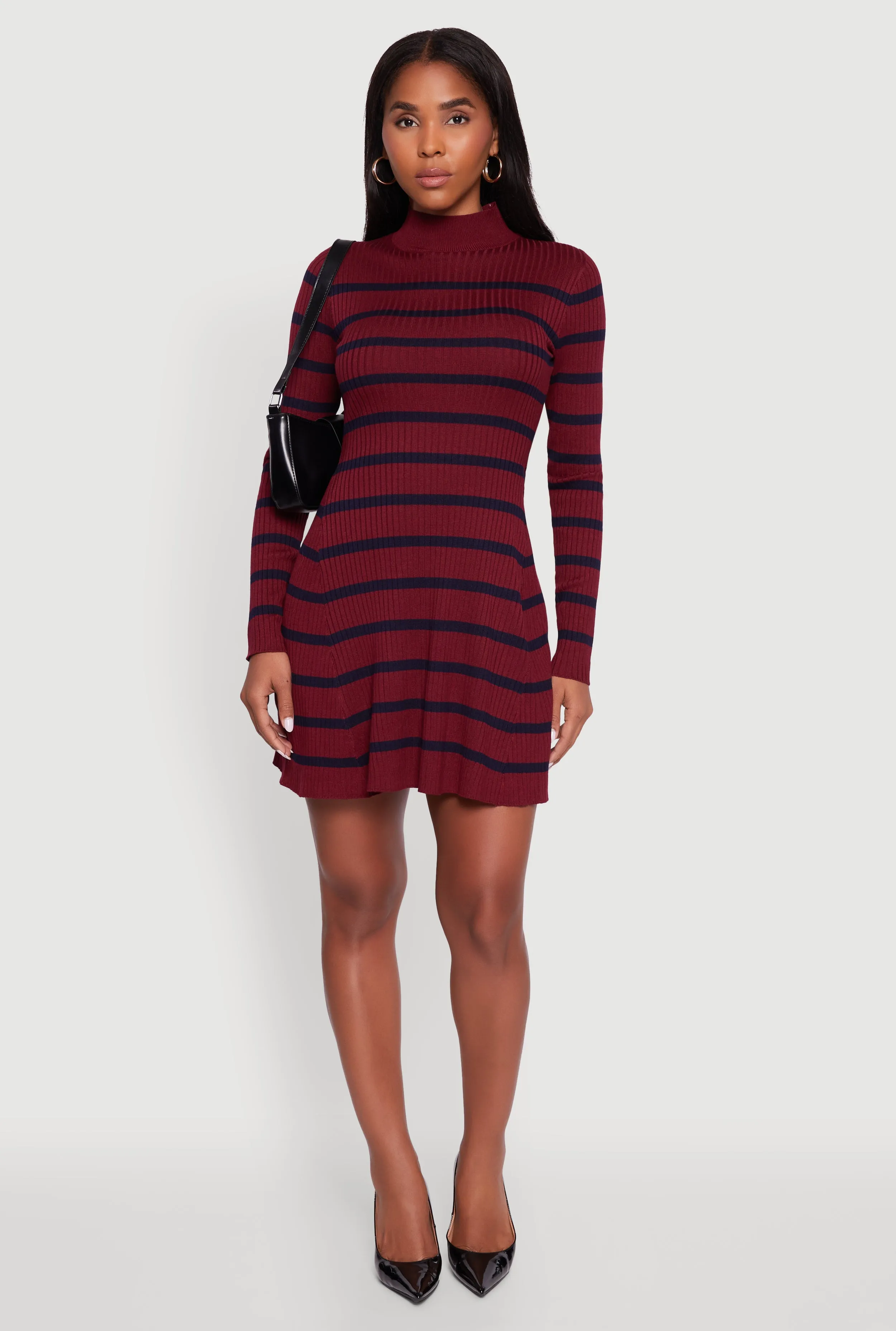 Rib Knit Striped Long Sleeve Sweater Dress Club Beat Simple Style Look
