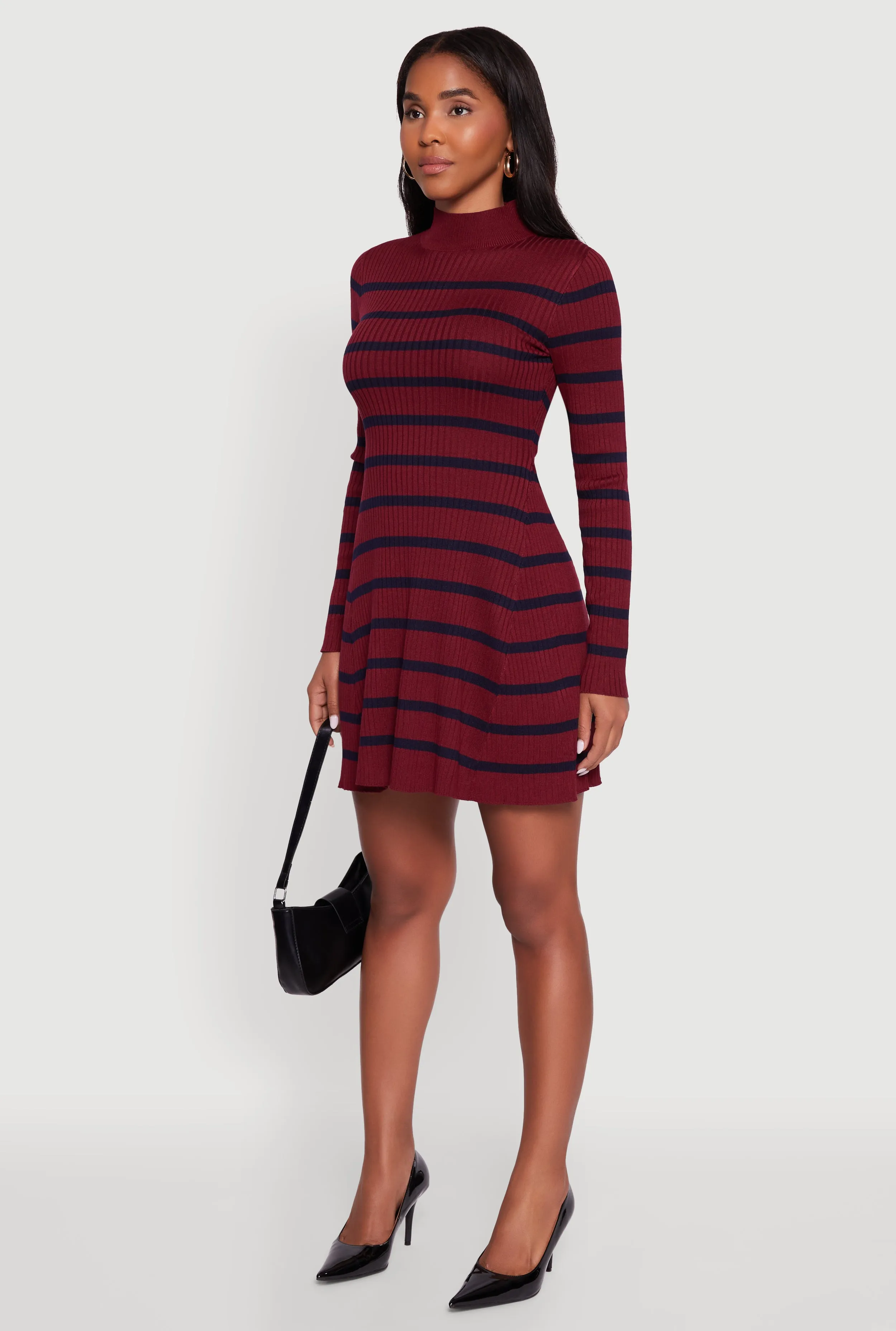 Rib Knit Striped Long Sleeve Sweater Dress Flexible Waistband Flatlock Seams