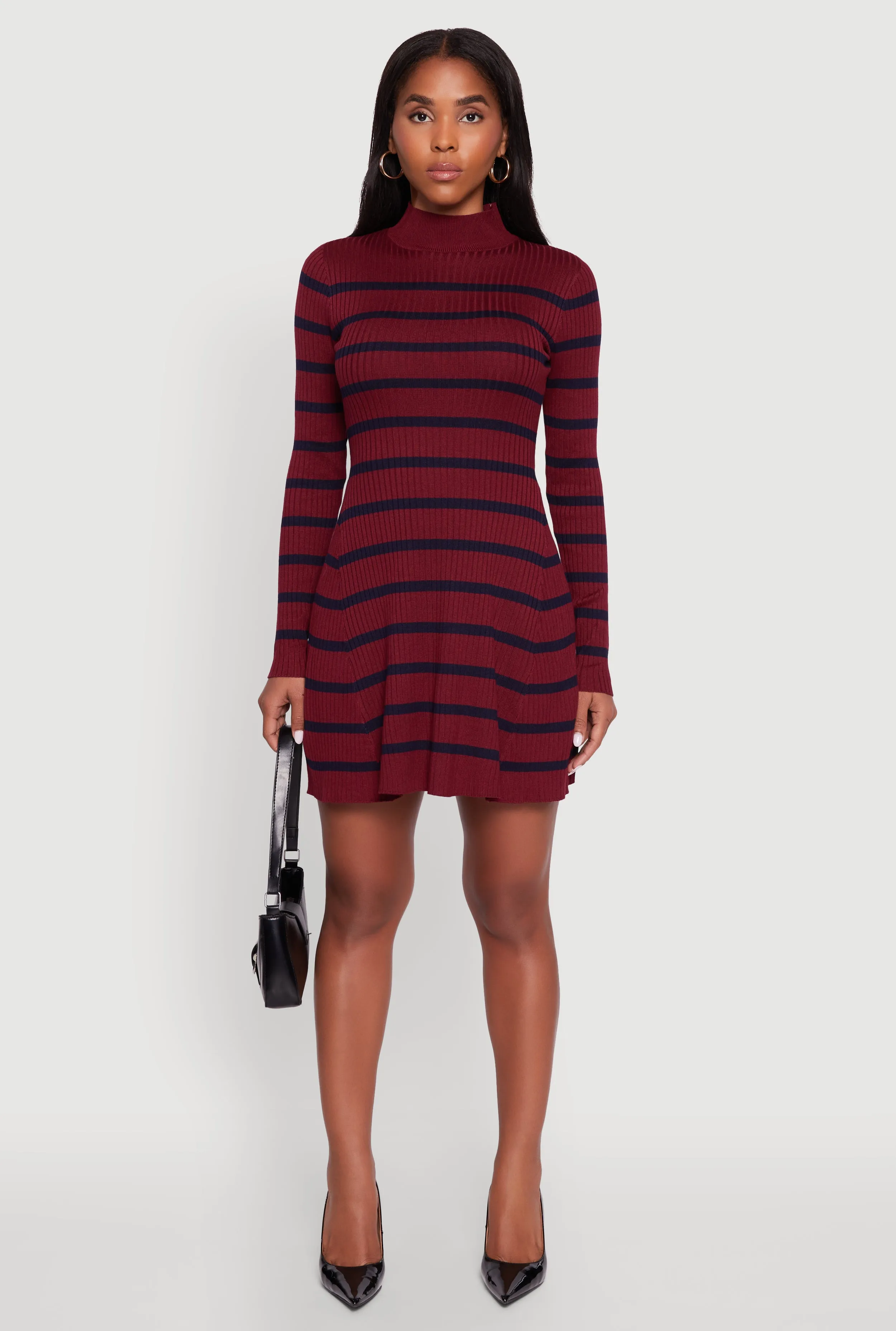 Rib Knit Striped Long Sleeve Sweater Dress Classic cute short dress Trendy mini outfit