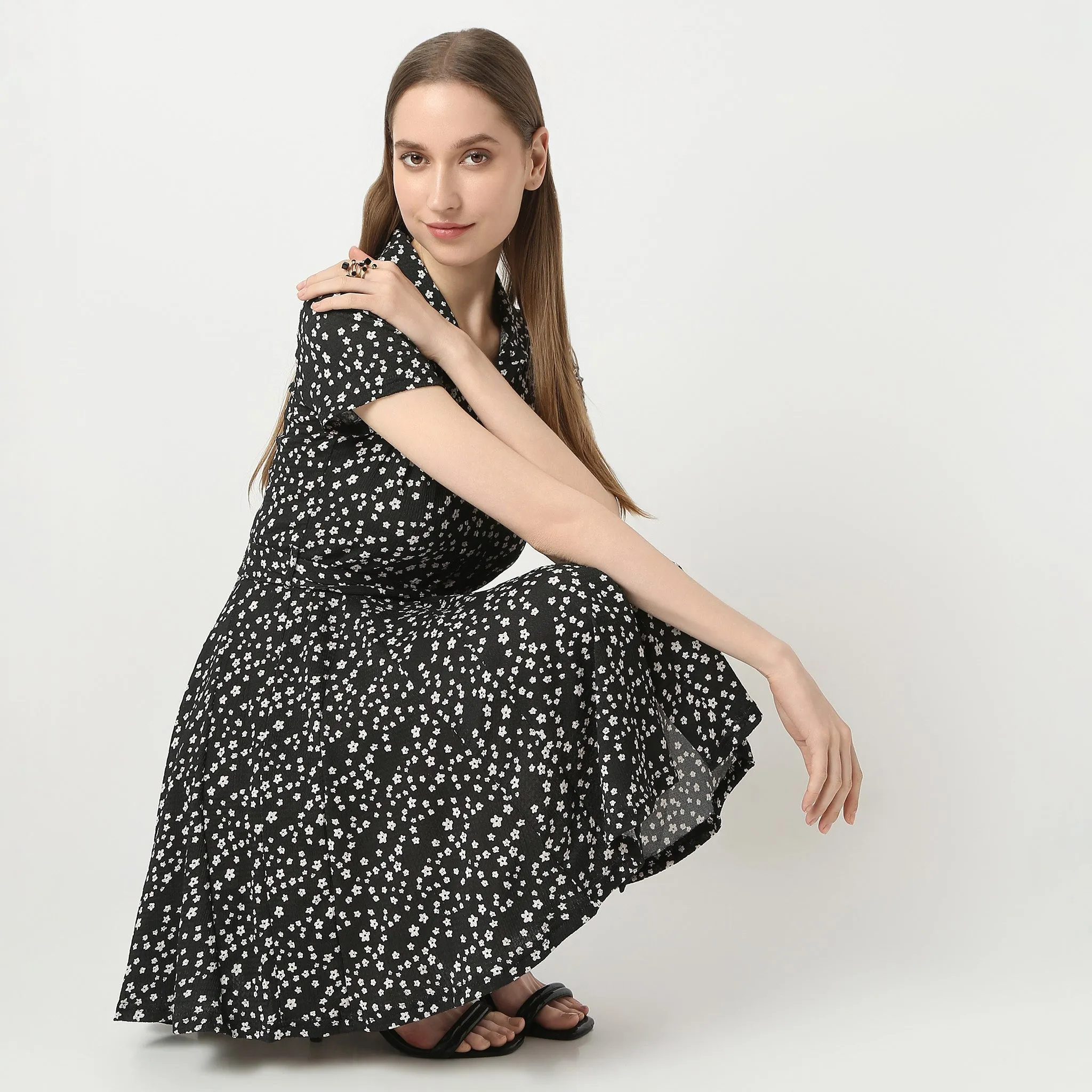 SnagFree Fabric Moon Beam Flare Fit Printed Above Knee Shirt Collar Short Sleeve Dress