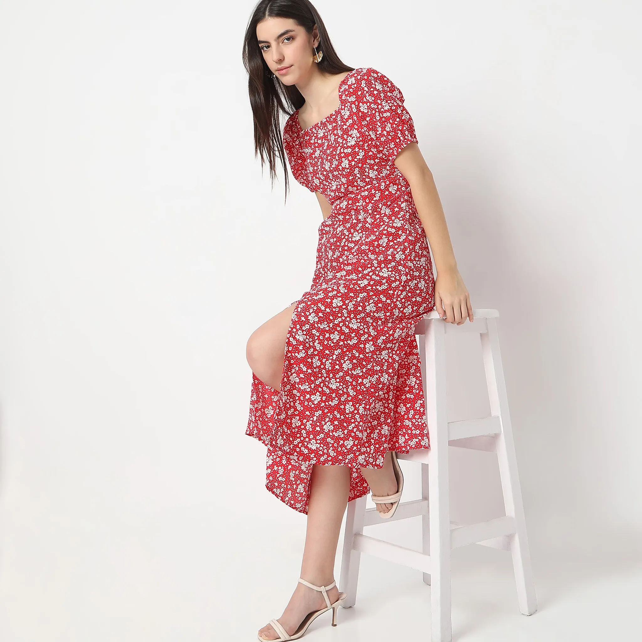 Flare Fit Printed Ankle Length Square Neck Betty Dress ChafeResistant Seams Game Day