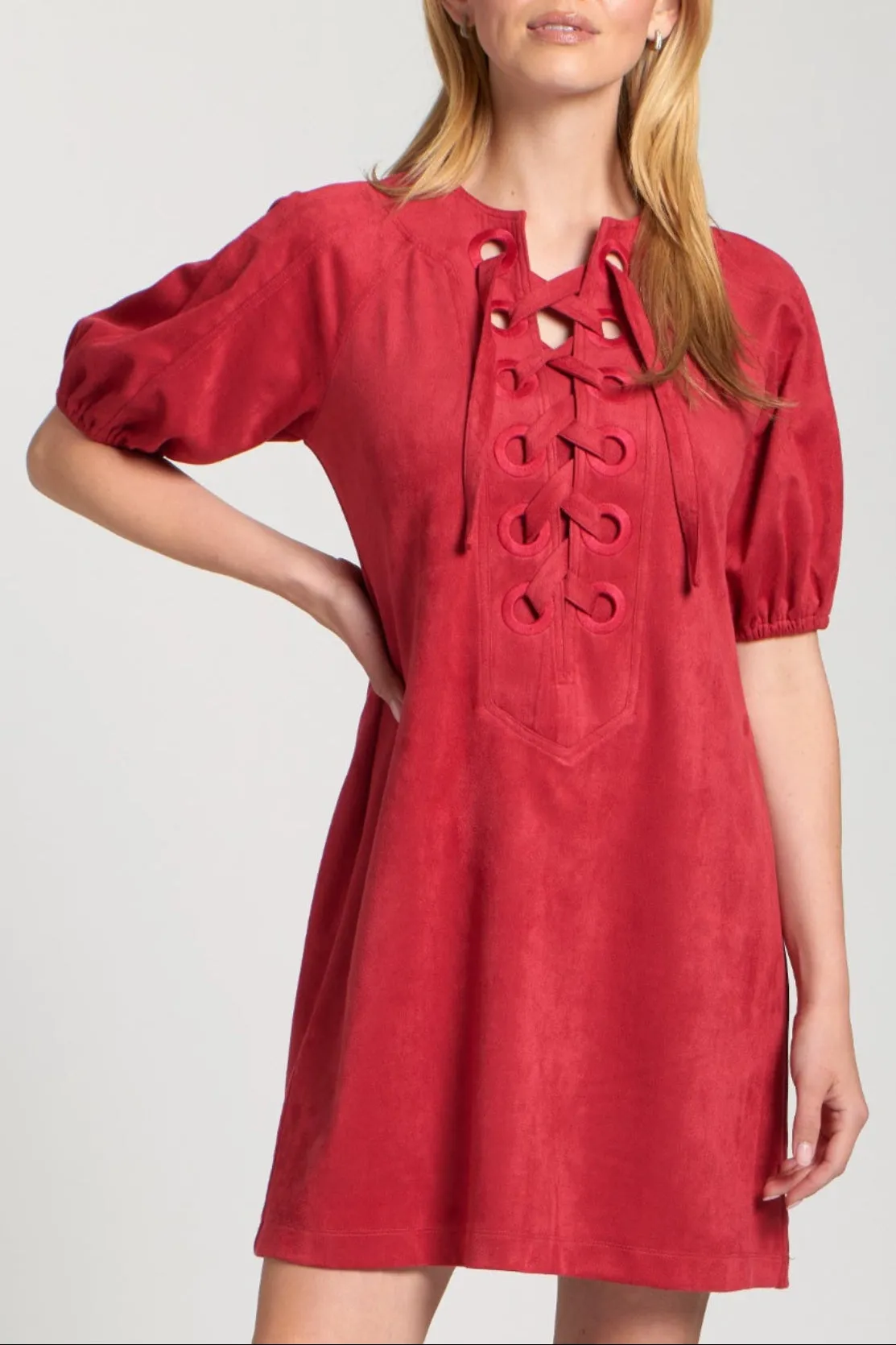 Vegan Suede Lace-Up Puff Sleeved Dress Gentle Glow Soft Motion