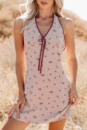 Convertible Neckline You Again Floral Gingham Halter Mini Dress (Burgundy)
