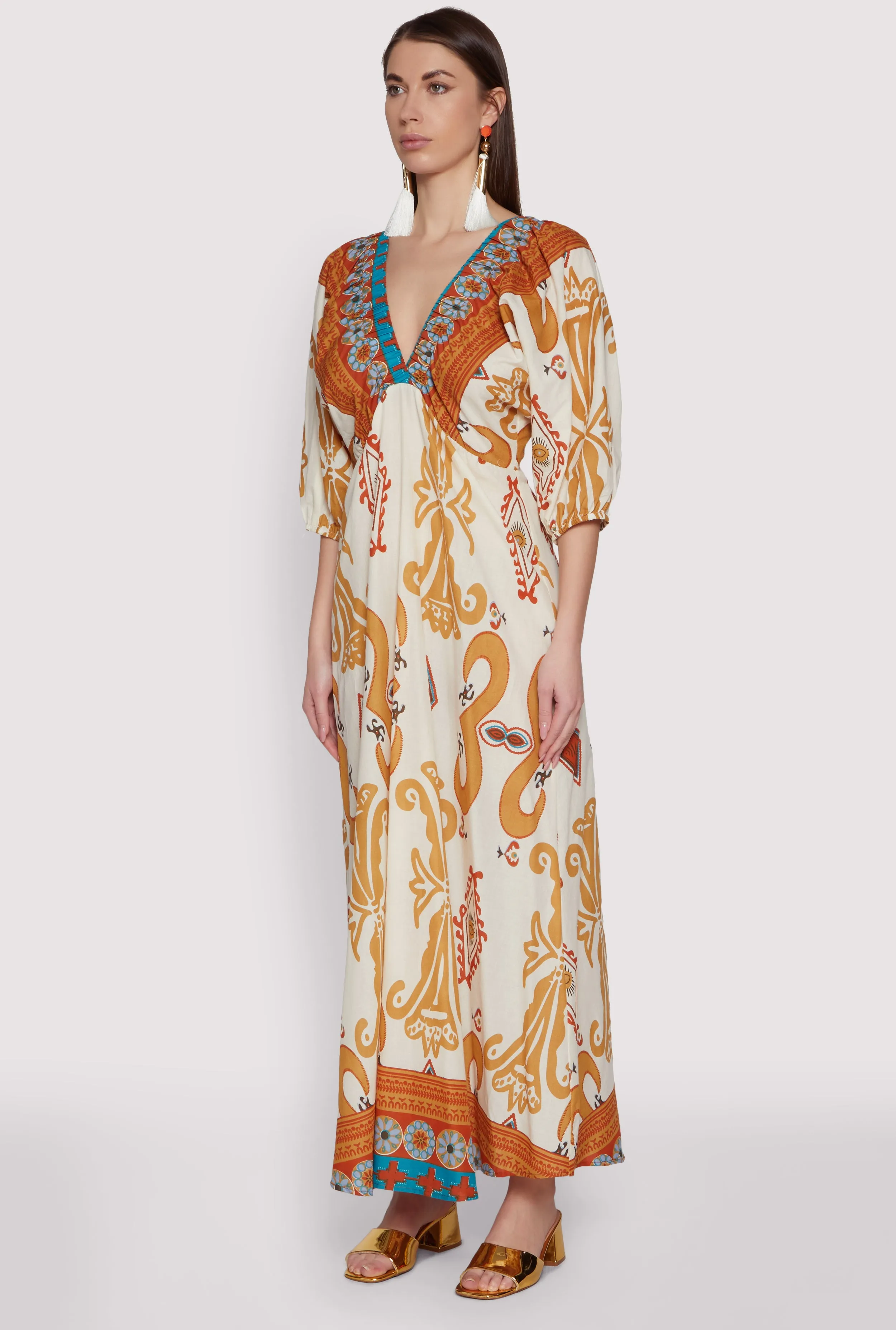 Border Print Boho Maxi Dress Coral Glow