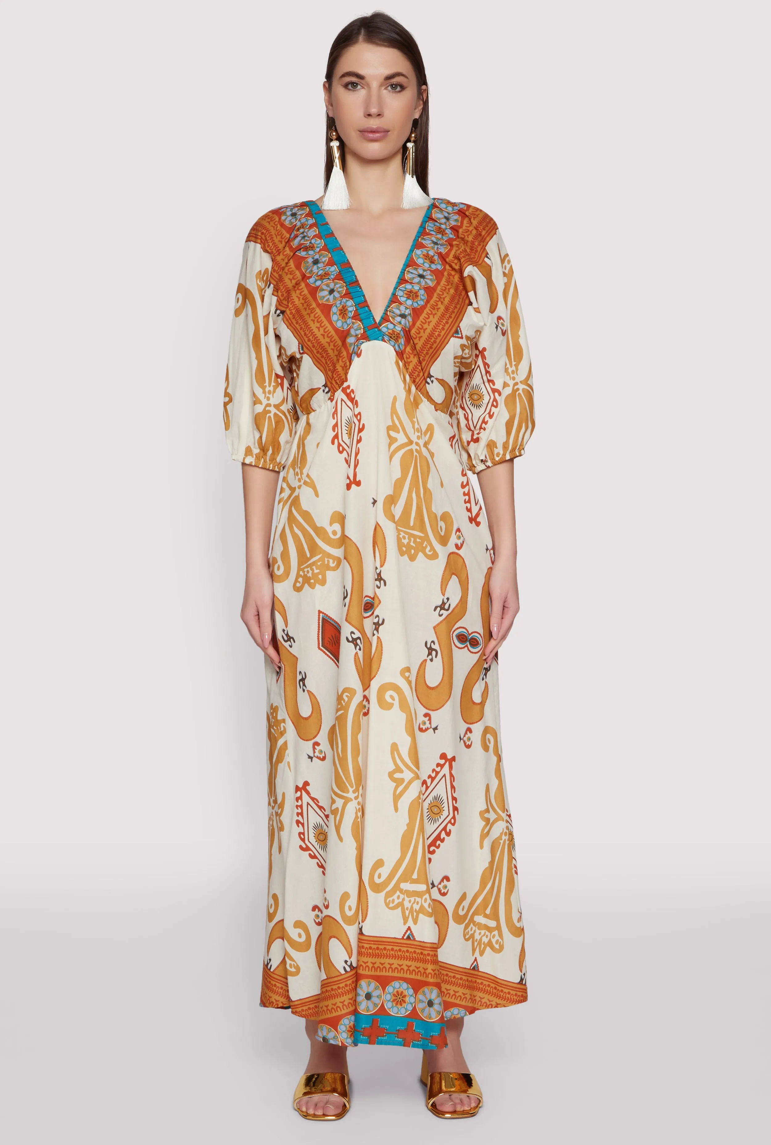 Border Print Boho Maxi Dress Canvas Soft