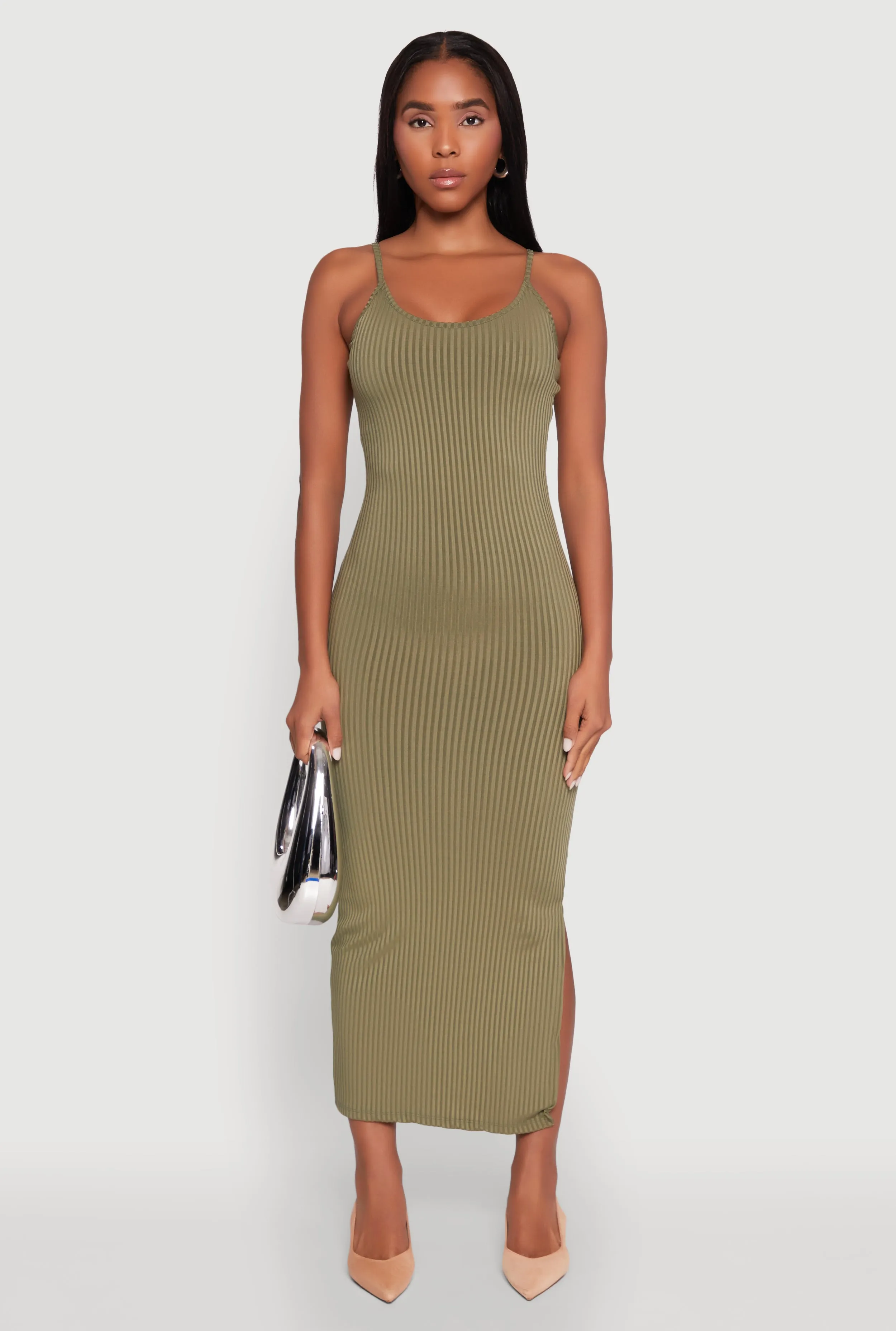 Ribbed Knit Side Slit Cami Maxi Dress Platinum Glow Wheat Field