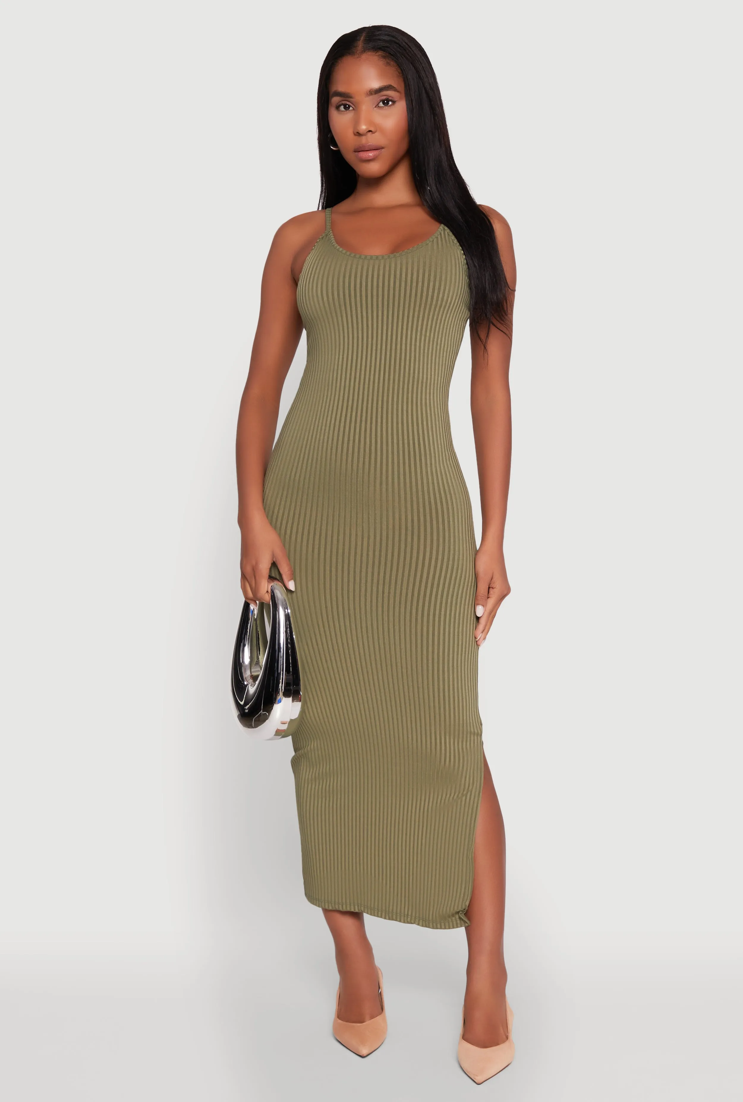 Snow Field Ribbed Knit Side Slit Cami Maxi Dress