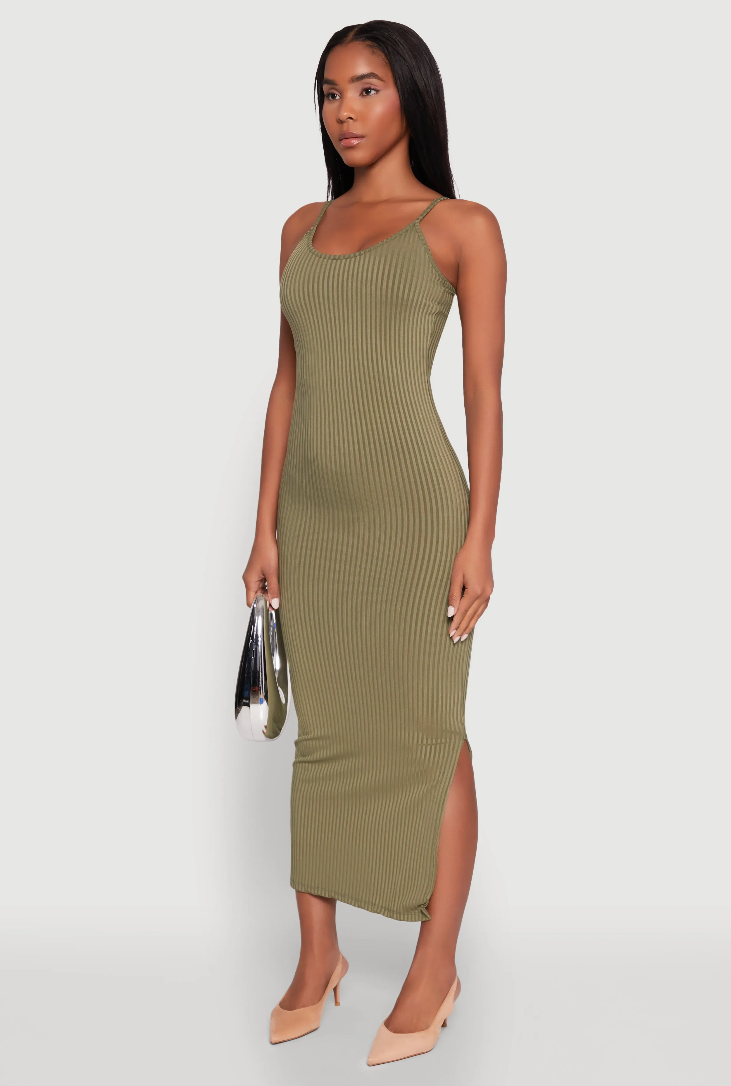 Puff Sleeve Comfortable weekend dress Ribbed Knit Side Slit Cami Maxi Dress