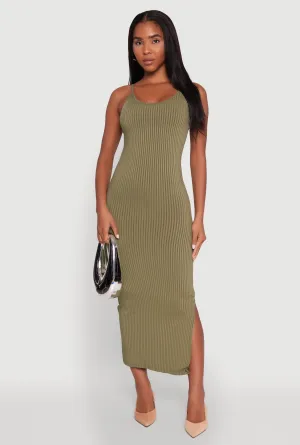 Snow Field Ribbed Knit Side Slit Cami Maxi Dress