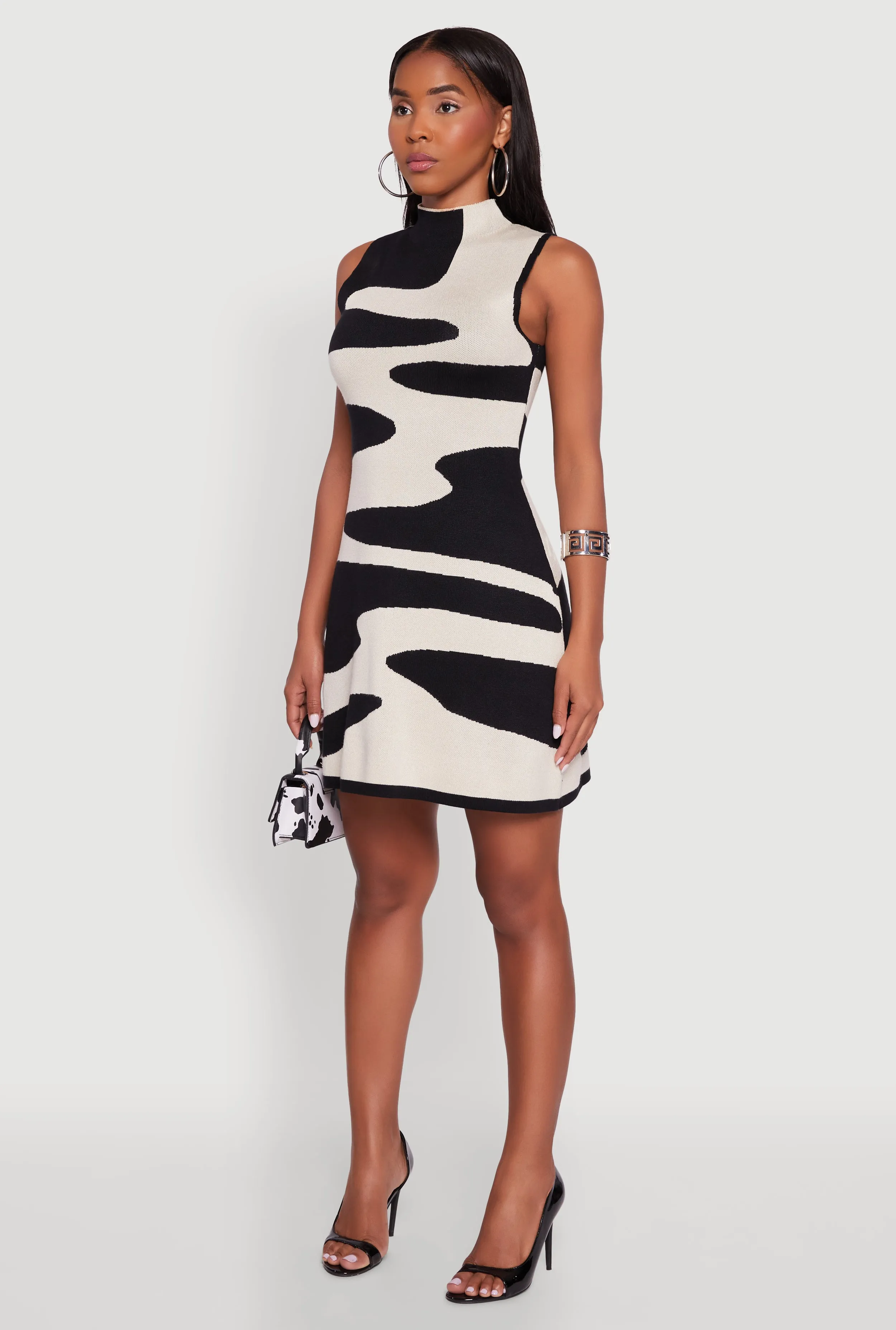 Trendy Sleeveless Printed Pattern Mock Neck Sweater Dress Light and comfy mini