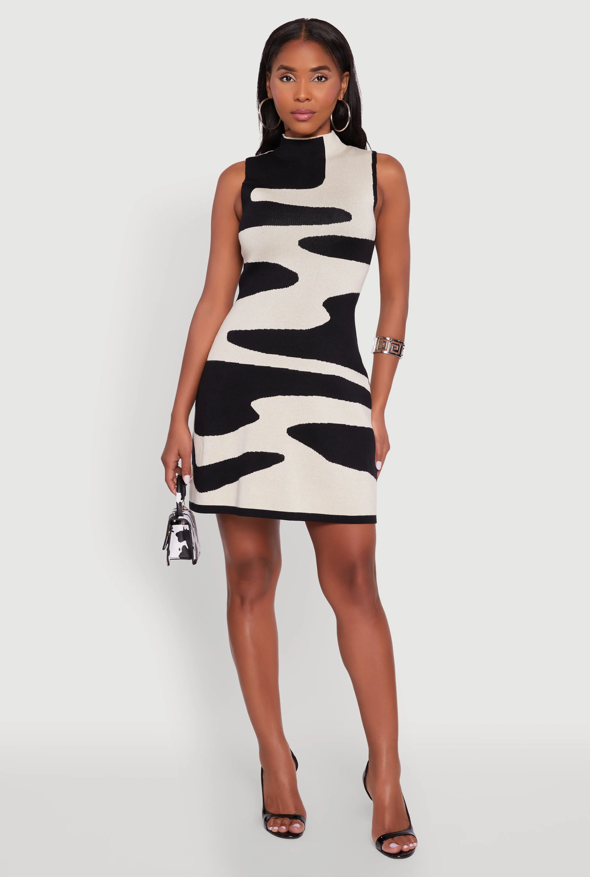 Trendy Sleeveless Printed Pattern Mock Neck Sweater Dress Glow Light