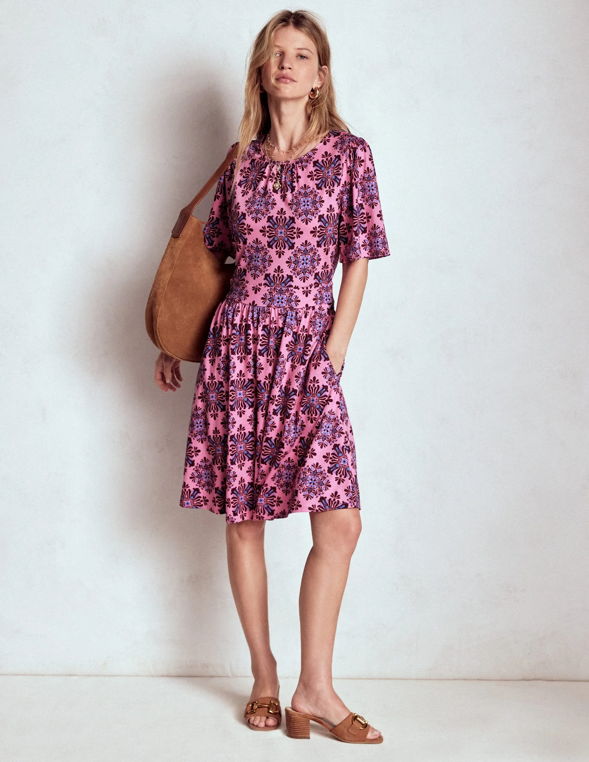 Louisa Short Jersey Dress-Pink Lemonade, Bloom Mosaic Stretch Fit Design Fashion Essential