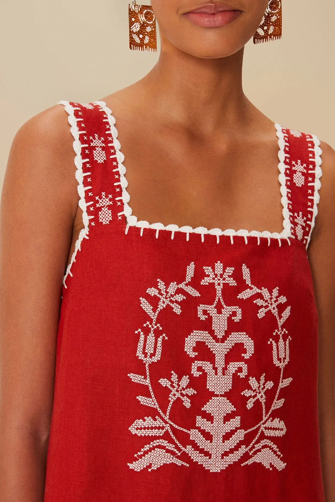 Versatile midi dress with pockets Red Tropical Cross Stitch Embroidered Euroflax? Premium Linen Midi Dress
