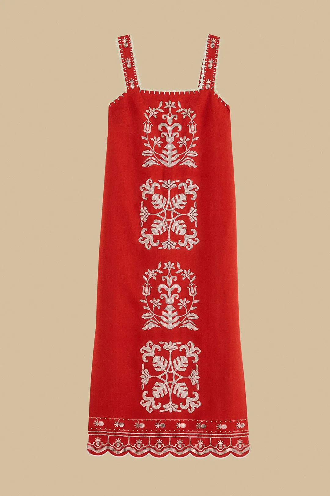 Poetic Mood Elegant Details Red Tropical Cross Stitch Embroidered Euroflax? Premium Linen Midi Dress