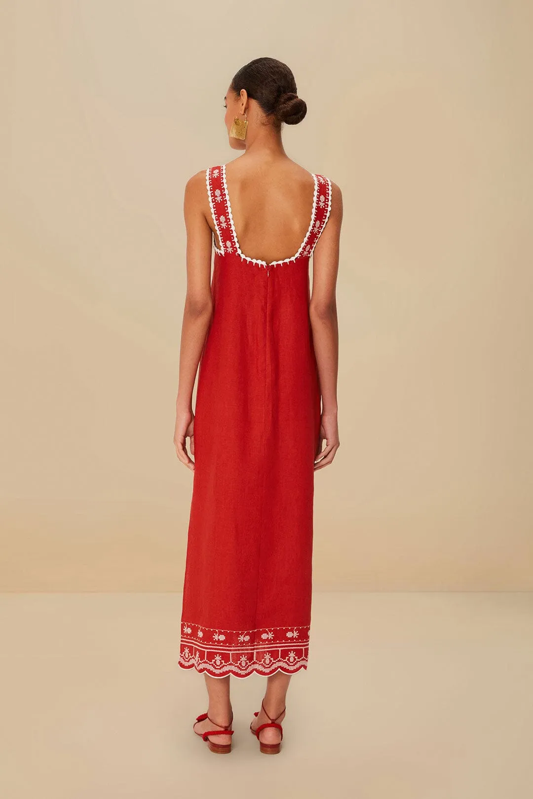 Wind Song Trendy and Timeless Red Tropical Cross Stitch Embroidered Euroflax? Premium Linen Midi Dress