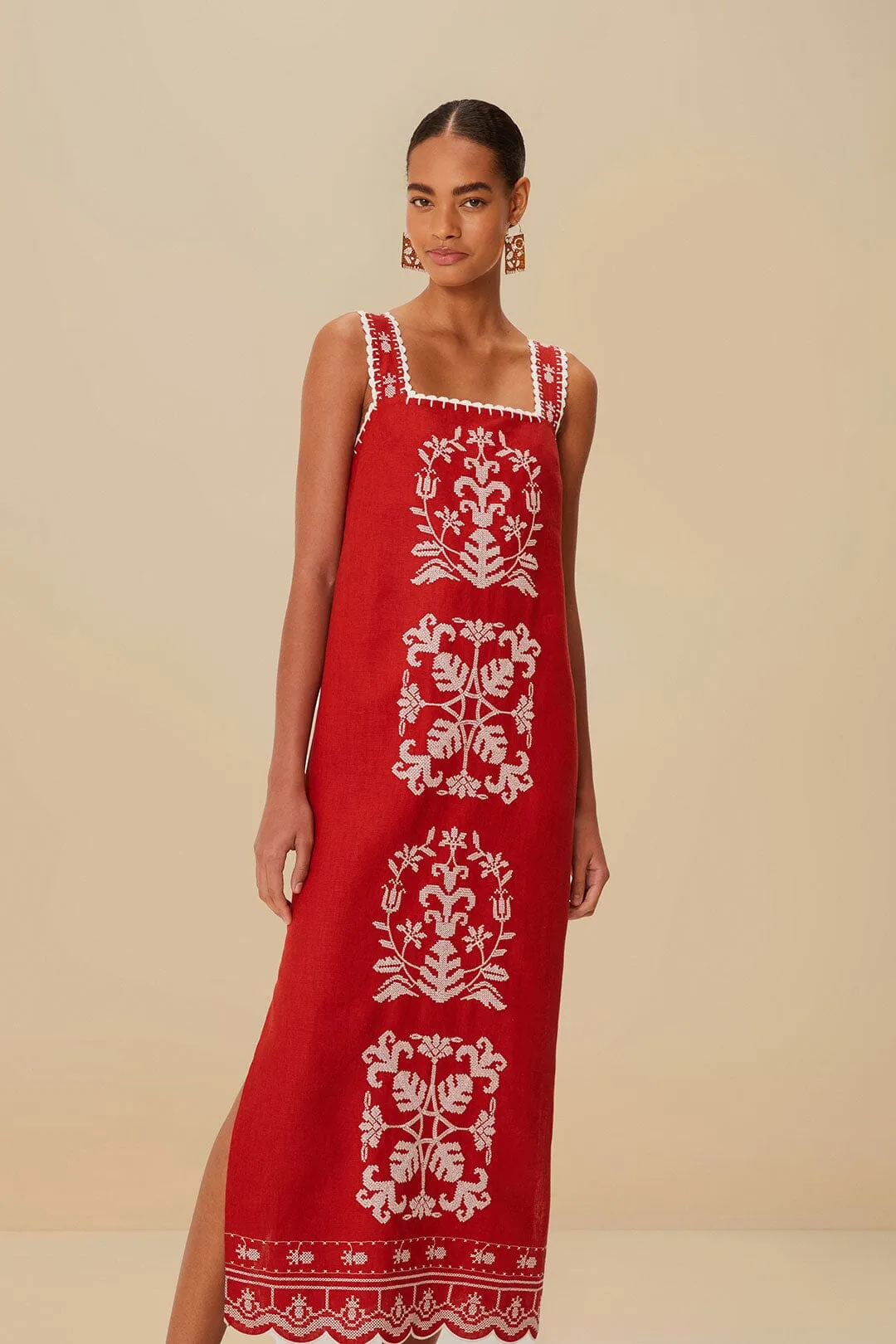 Relaxed fit for outings Stylish springtime wear Red Tropical Cross Stitch Embroidered Euroflax? Premium Linen Midi Dress