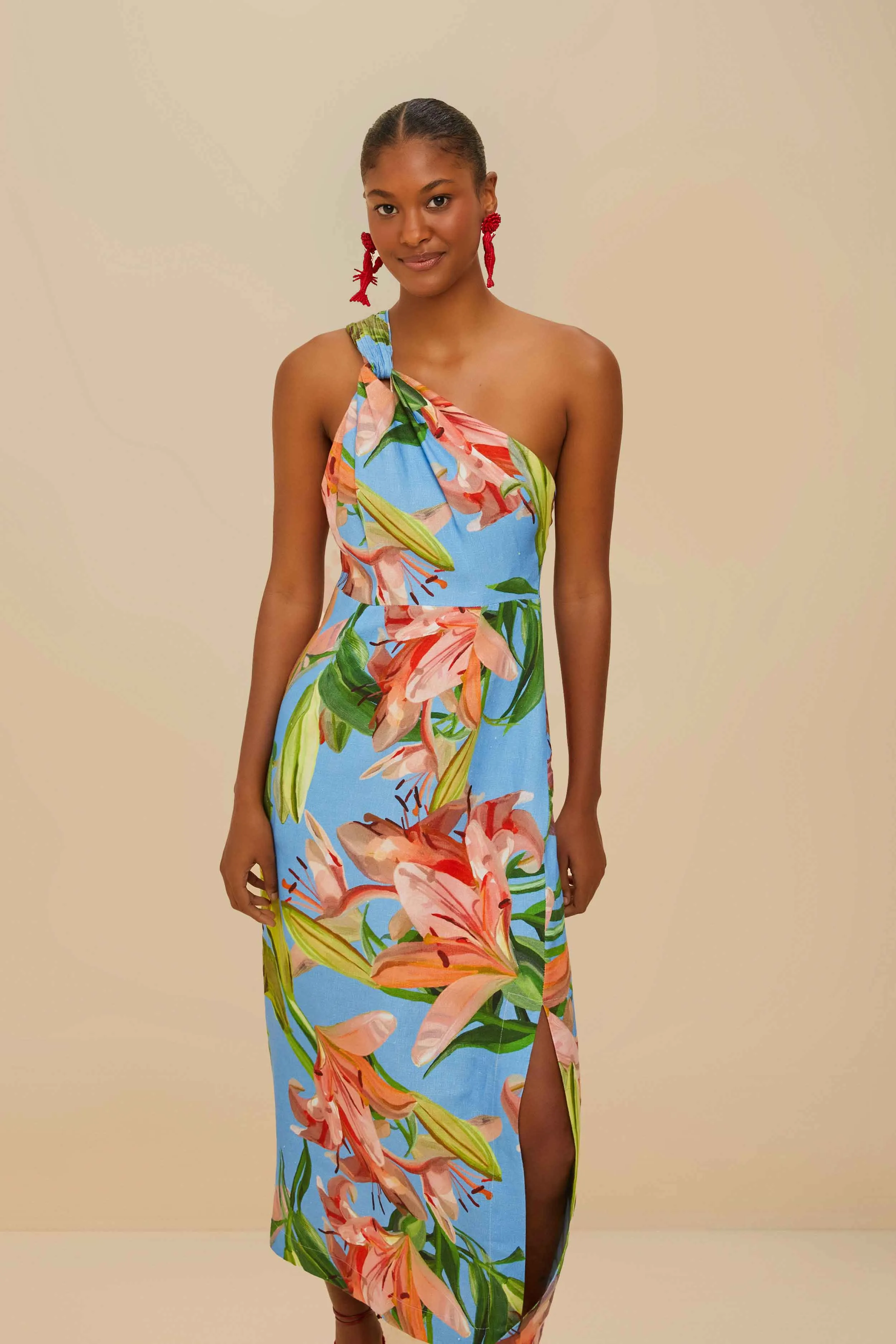 Tall Frame Blue Lily Bloom Euroflax? Premium Linen Midi Dress