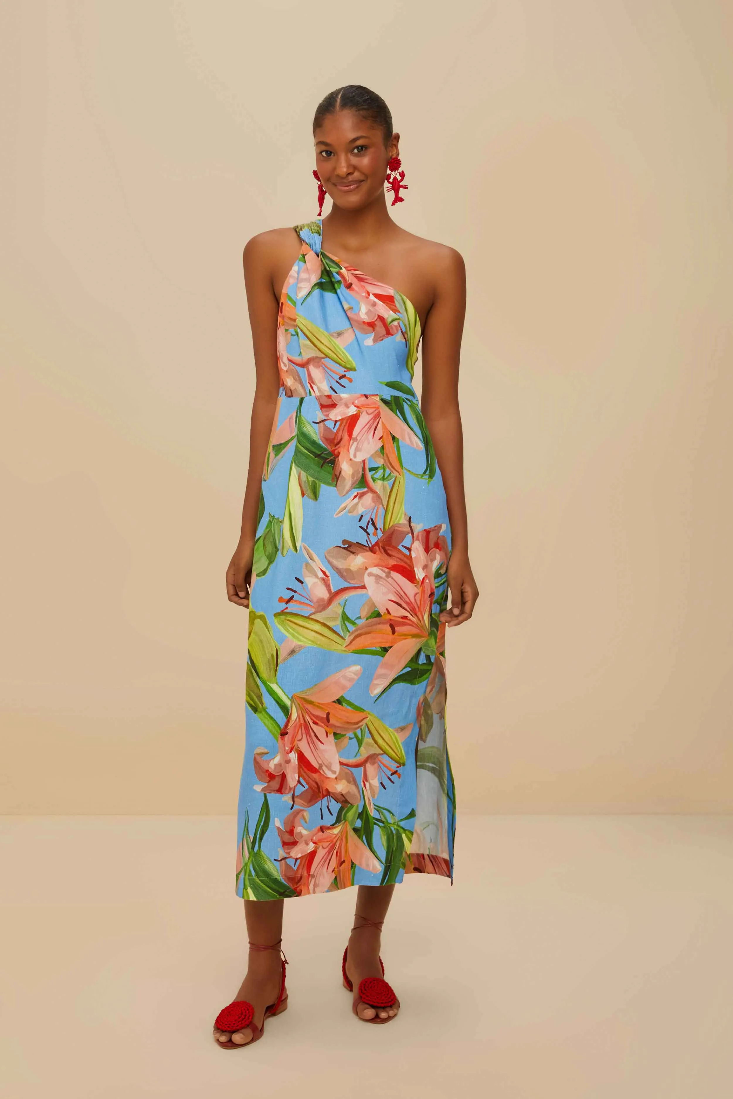 Blue Lily Bloom Euroflax? Premium Linen Midi Dress Trendy Wardrobe
