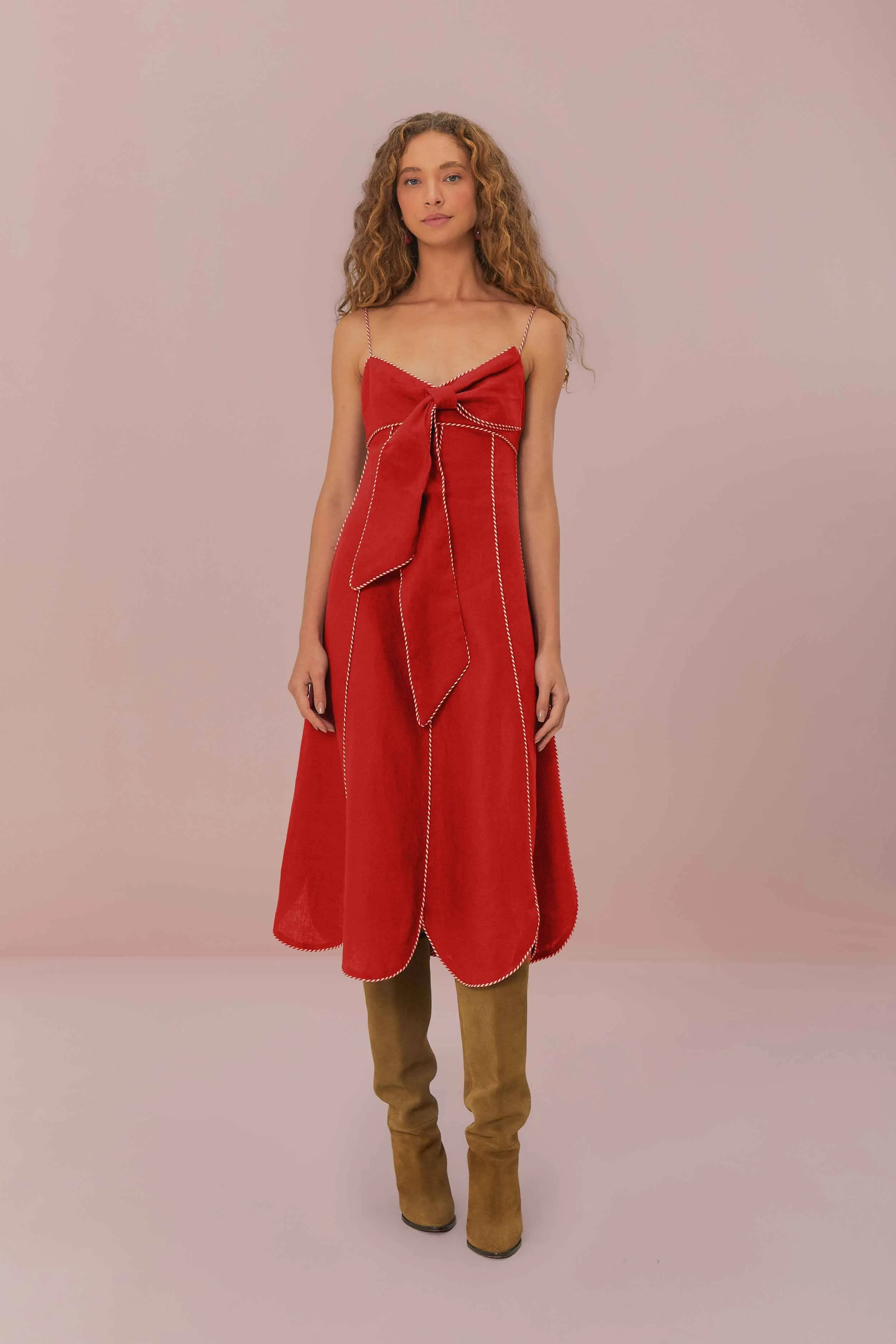 Red Front Bow Midi Dress Coffee Break Sunday Stroll