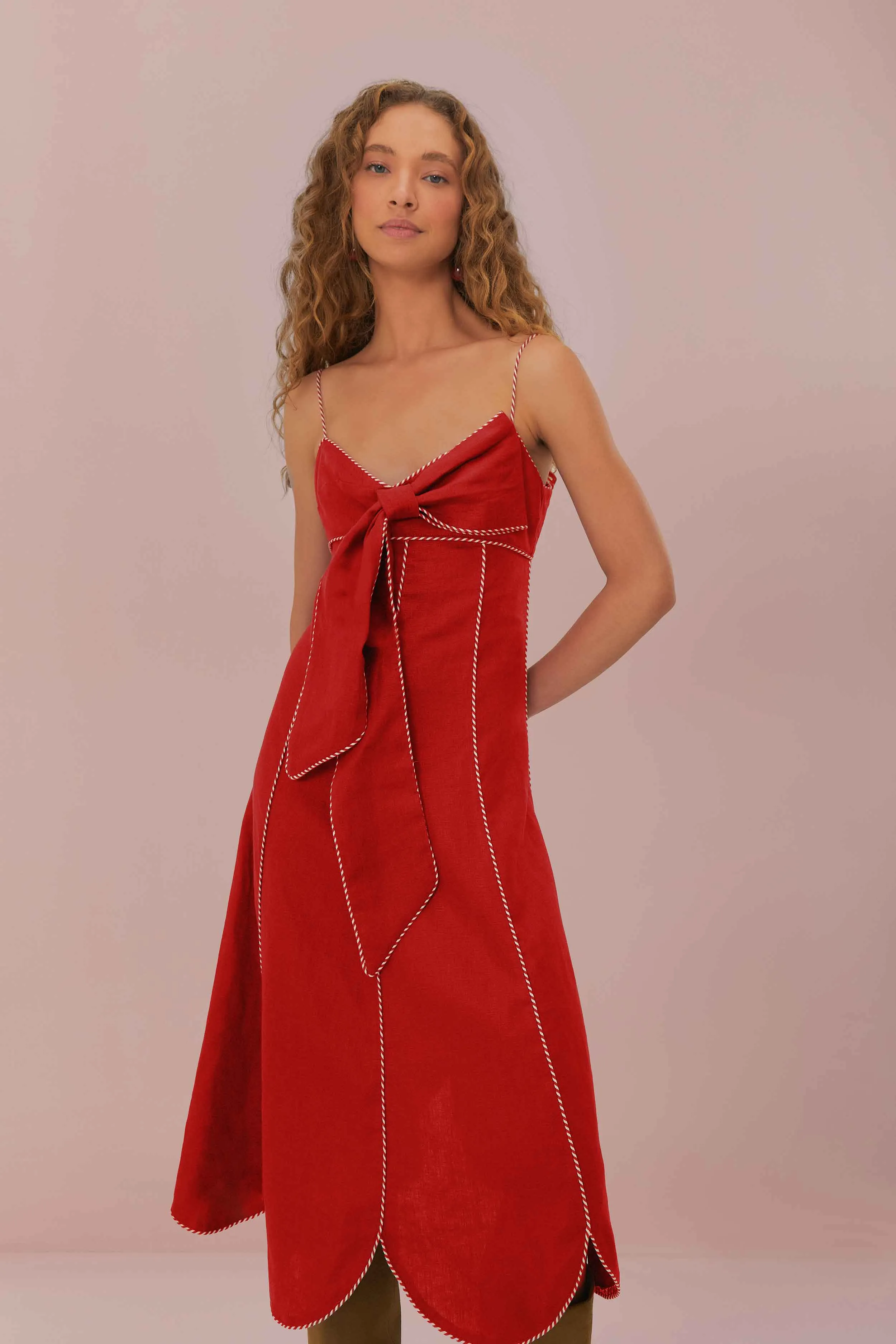 London Girl Polished Attire Red Front Bow Midi Dress