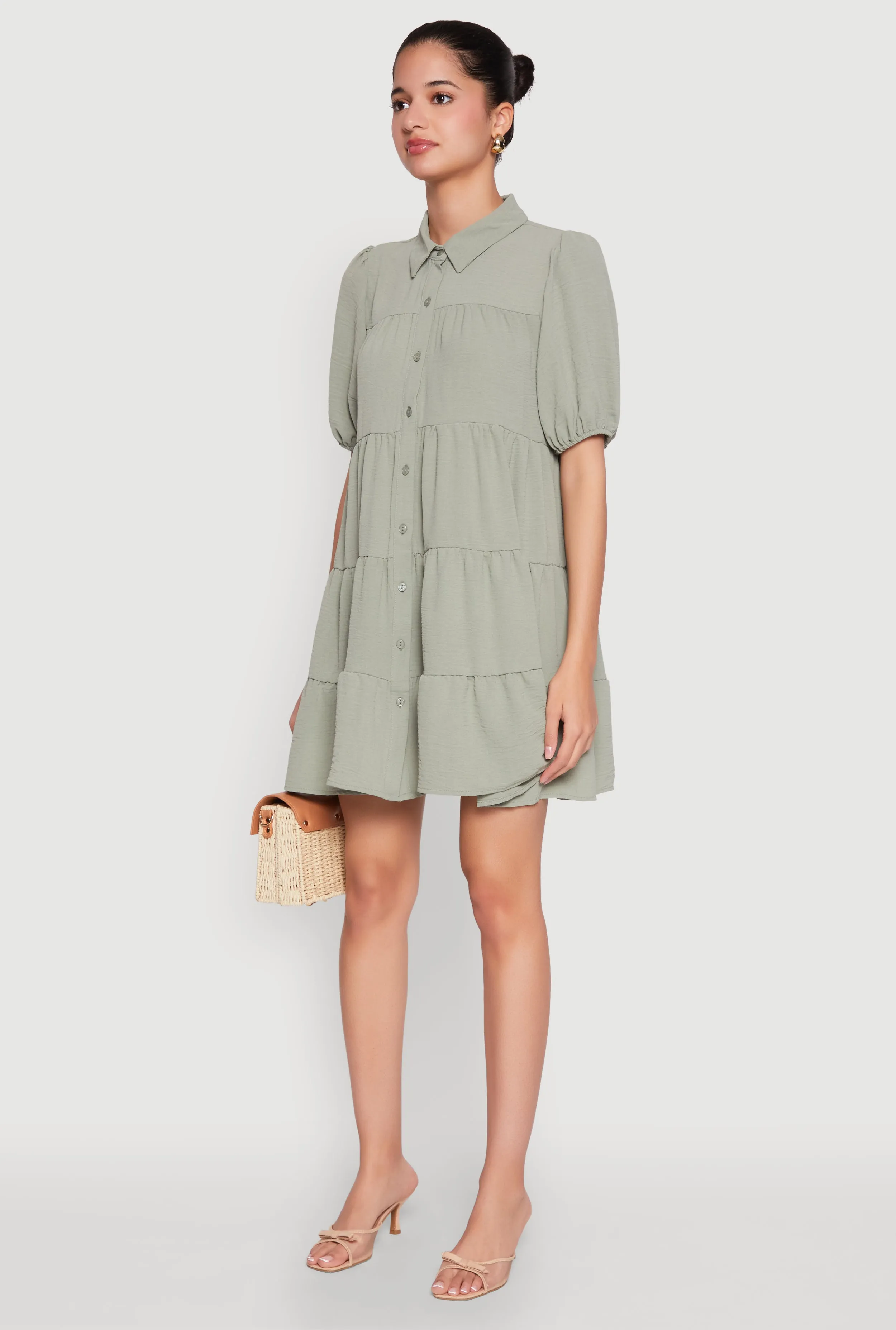 Airy Button Front Tiered Mini Dress Beat Glow
