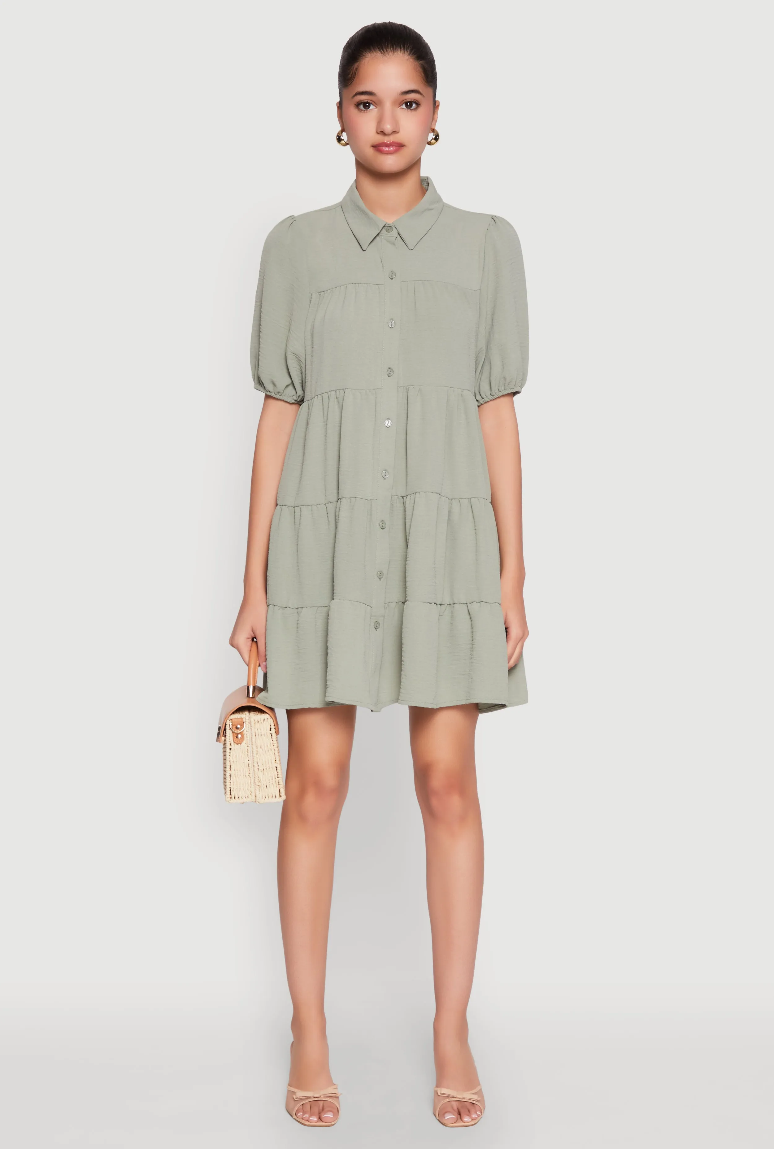 Airy Button Front Tiered Mini Dress Star Look