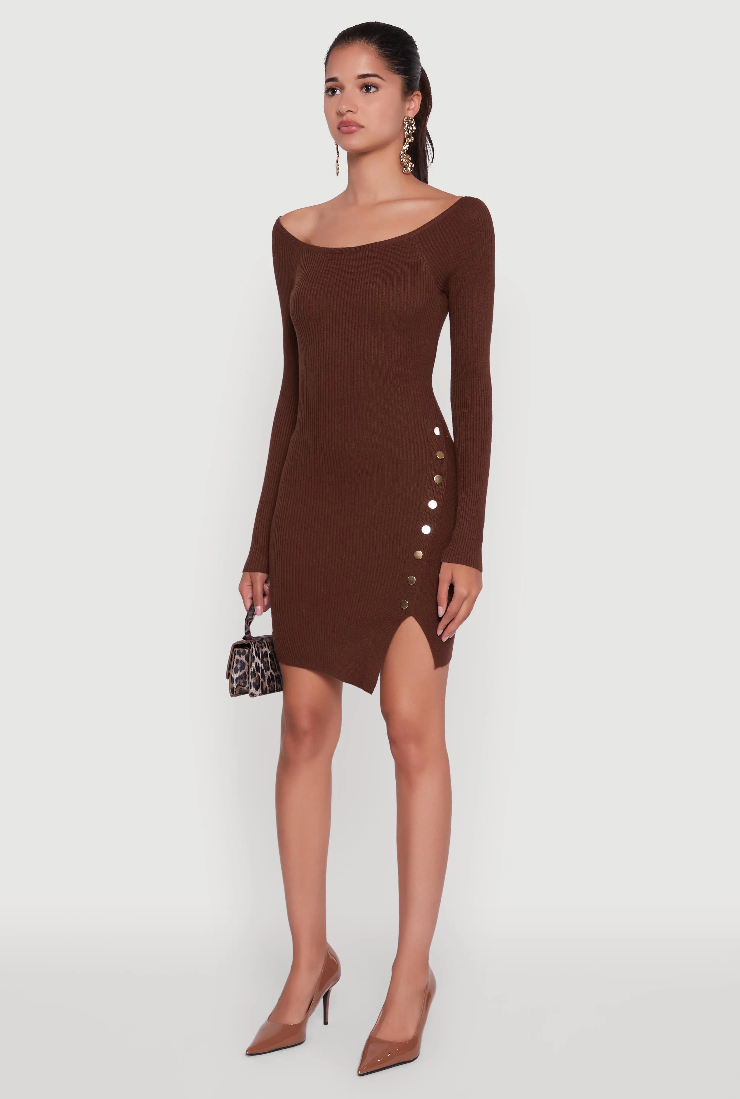Metallic Button Detail Side Slit Boat Neck Sweater Dress Lightweight Material Night Edge