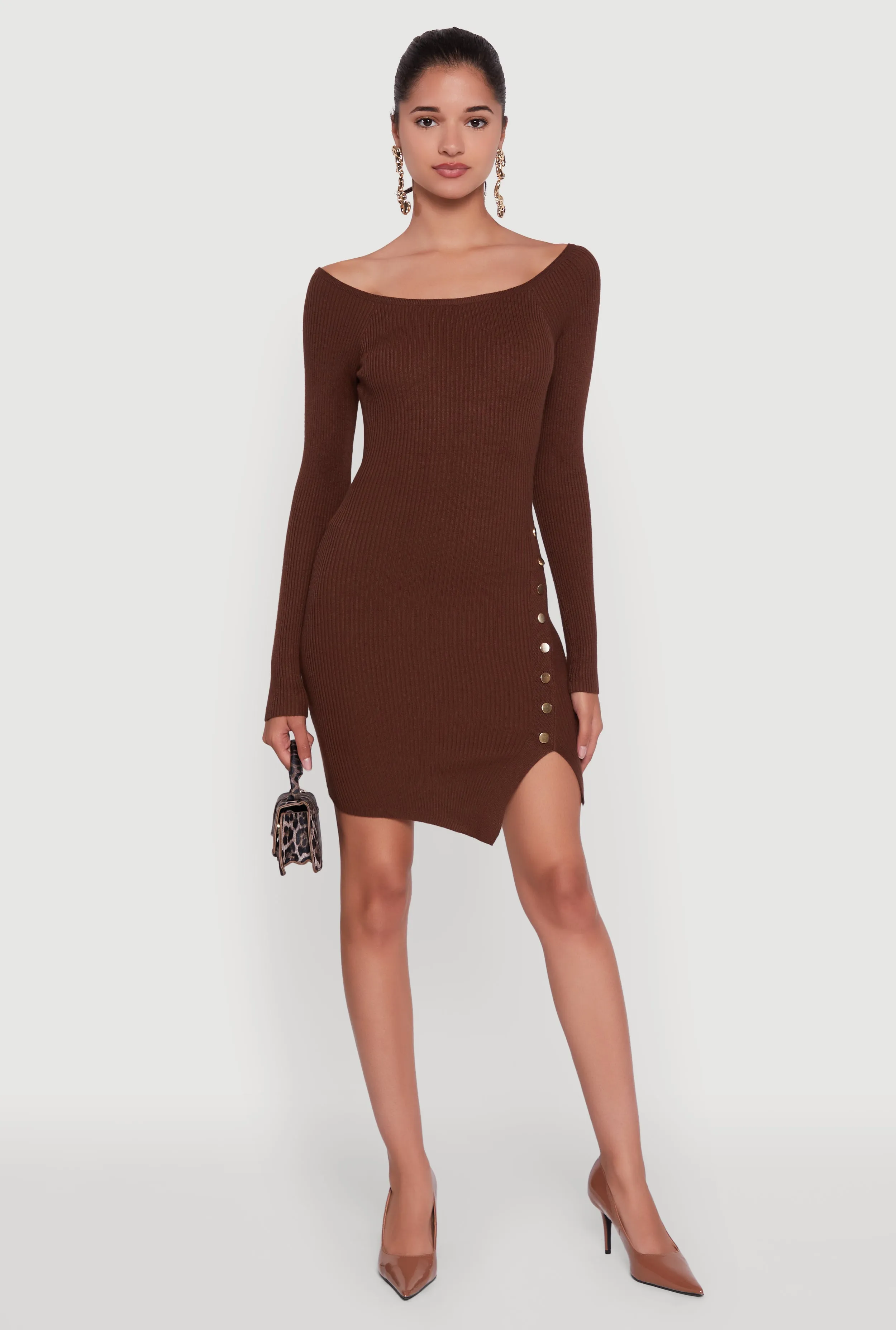Metallic Button Detail Side Slit Boat Neck Sweater Dress All Season Wear Fashion Design